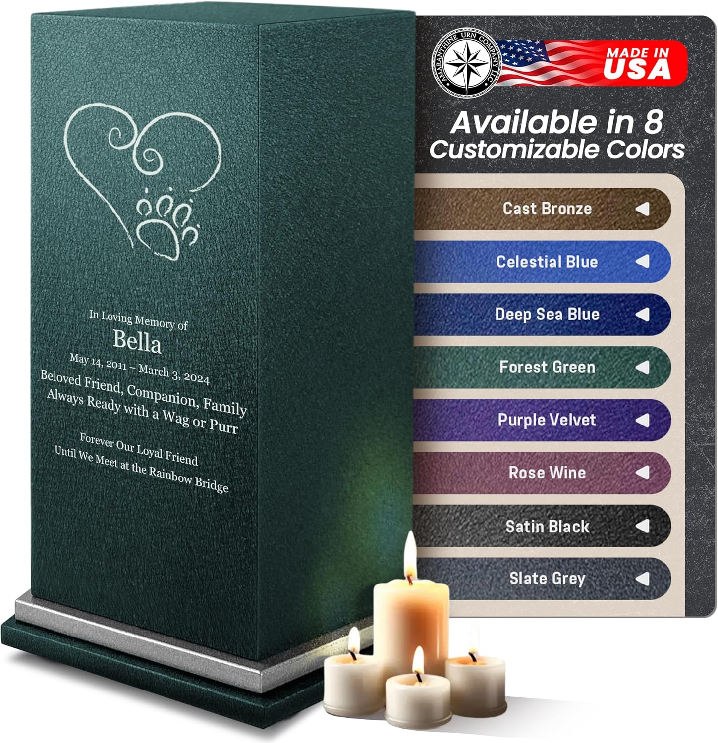 Amaranthine Urn Decorative Pet Ashes Container - Customizable Metal Urn with Heart Paw Design