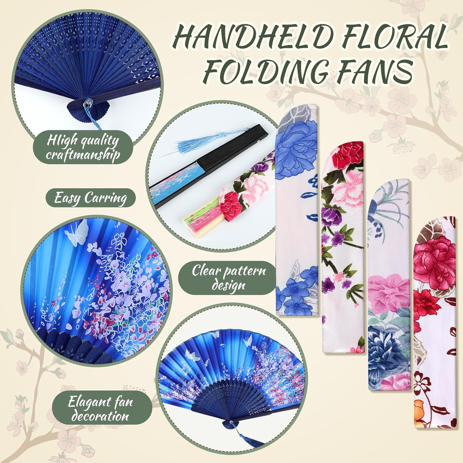 Zonon 4 Pack Handheld Folding Fans with Tassel