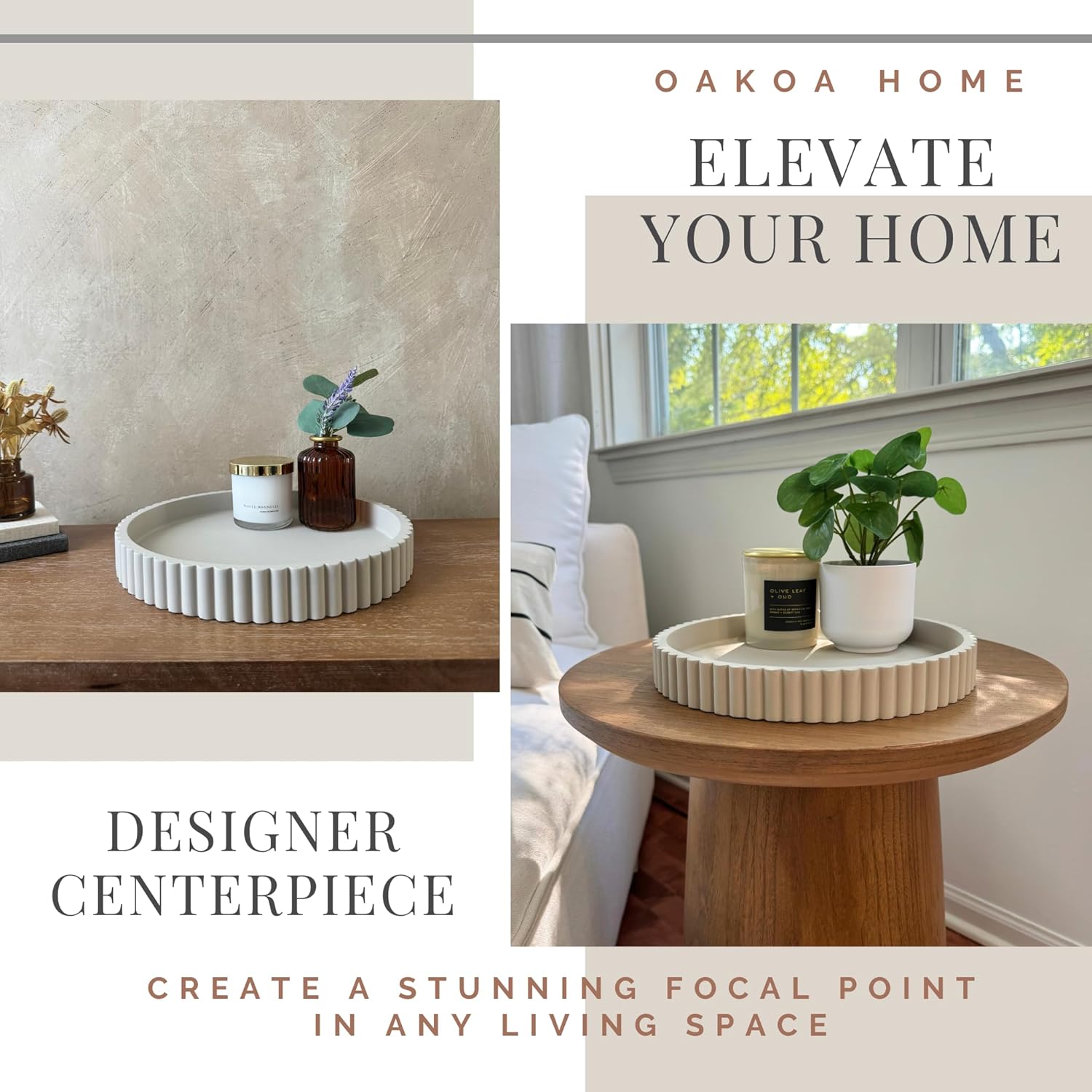 OAKOA Concrete Round Decorative Tray for Coffee Table