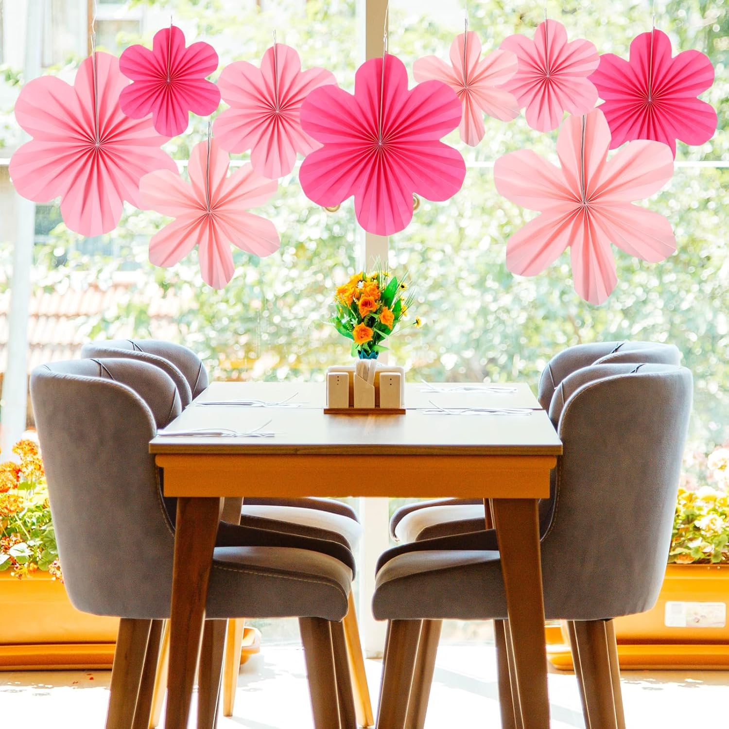 9 Pcs Pink Paper Fans for Party Decor and Wall Hanging