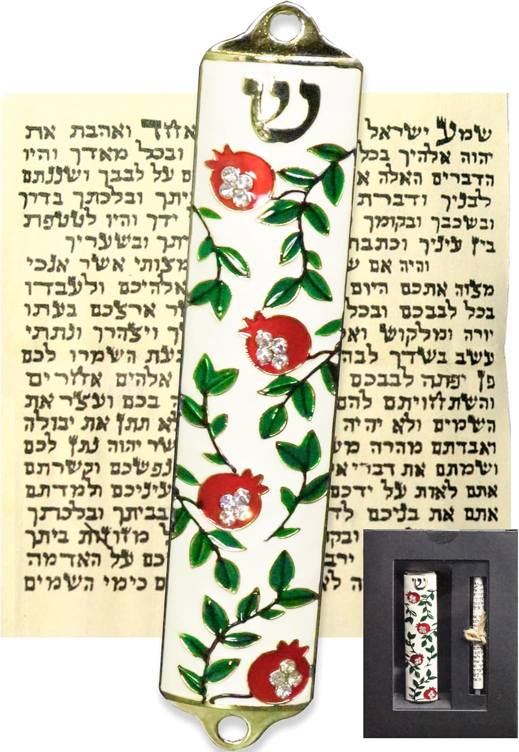 Exquisite Enamel Mezuzah with Pomegranate Scroll and Crystal Accent