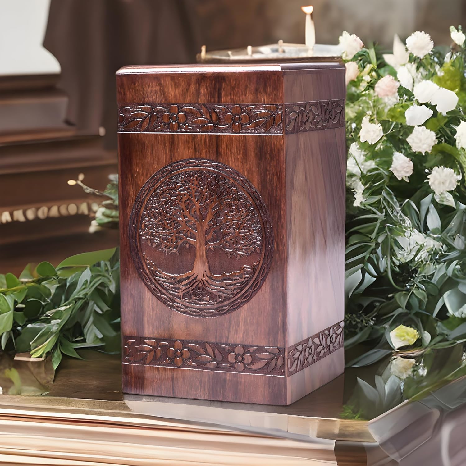 Tamanna Rosewood Urn For Human Ashes - Tree Of Life Wooden Box - Personalized Cremation Urn