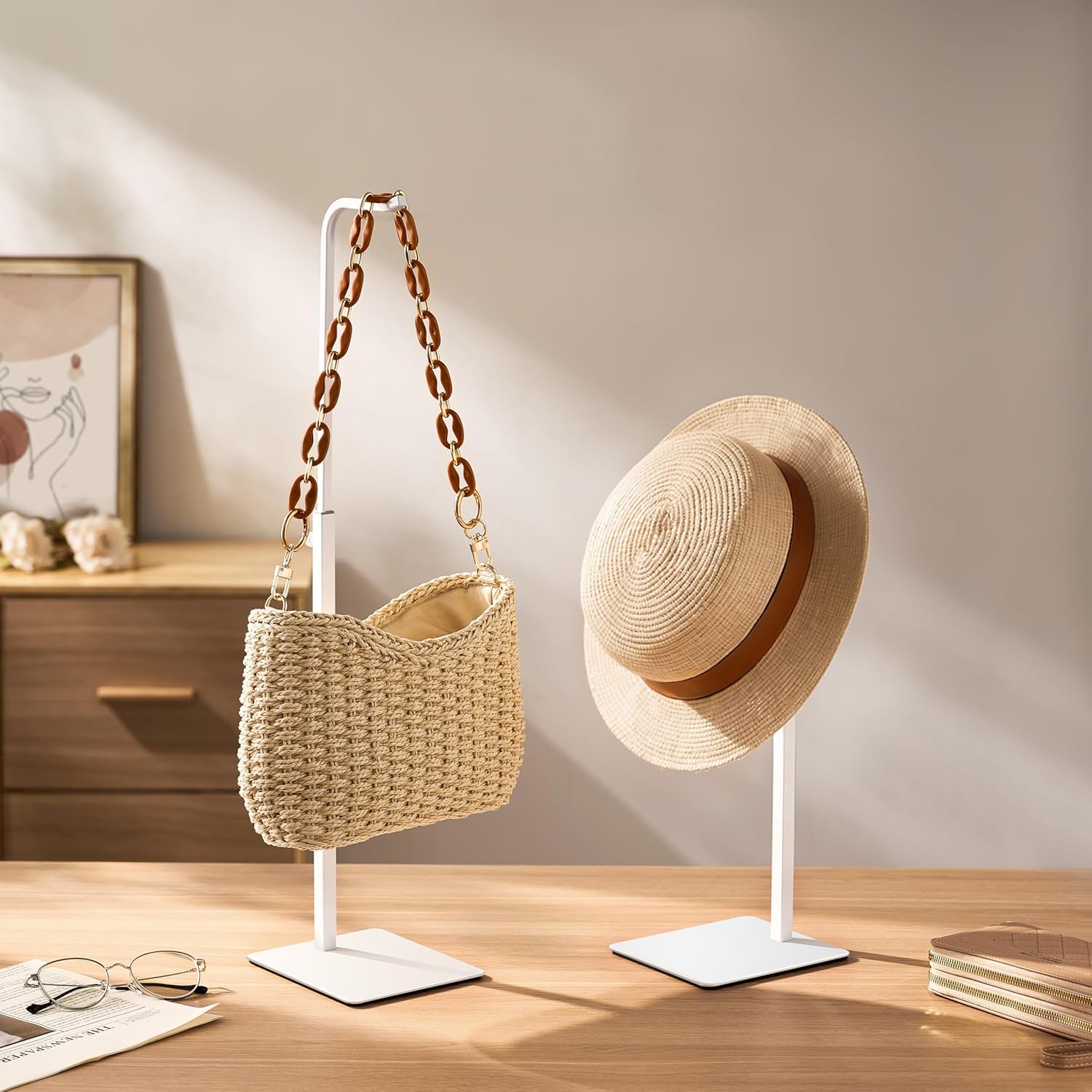 Purse Holder Handbag Display Stand Adjustable Hook Stand for Tabletop Closet Desk and Retail Use White