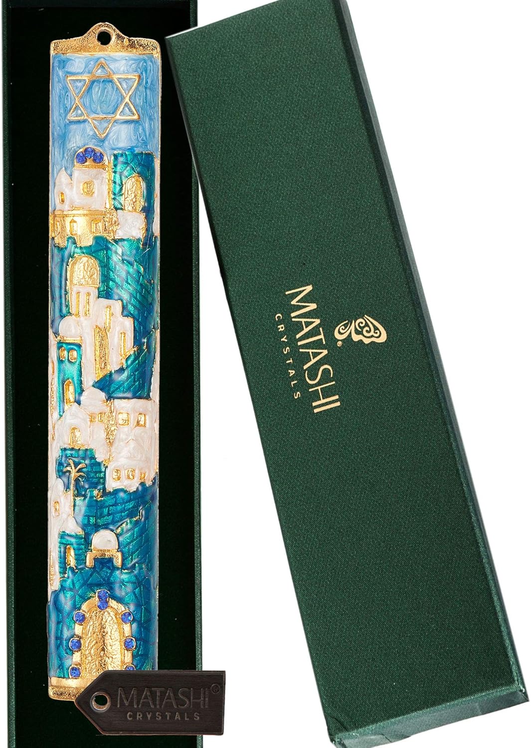 Matashi Jerusalem Cityscape Mezuzah with Gold Accents and Star of David Crystals