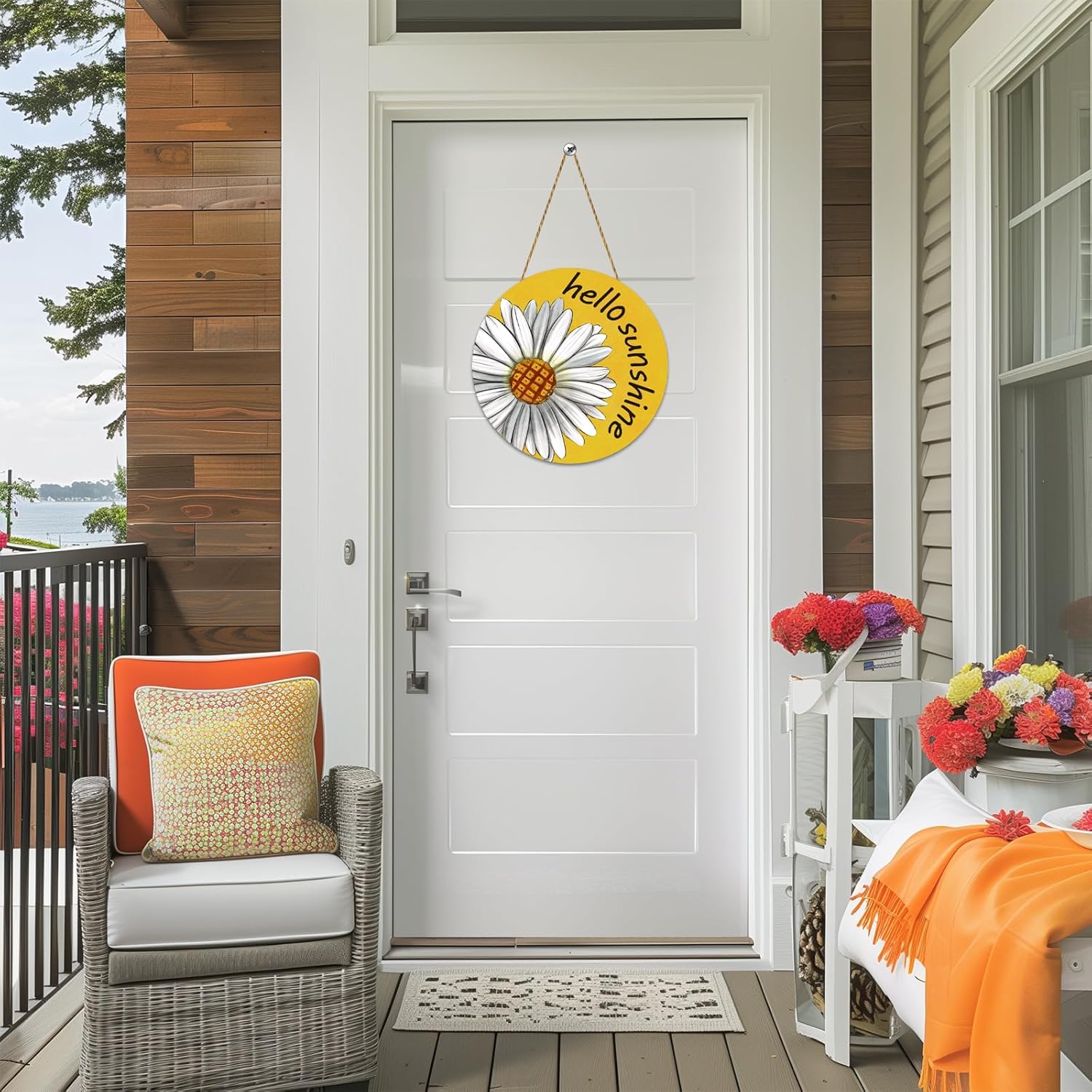 Summer Decor Daisy Front Door Wreath Hello Sunshine Wooden Sign Hanger