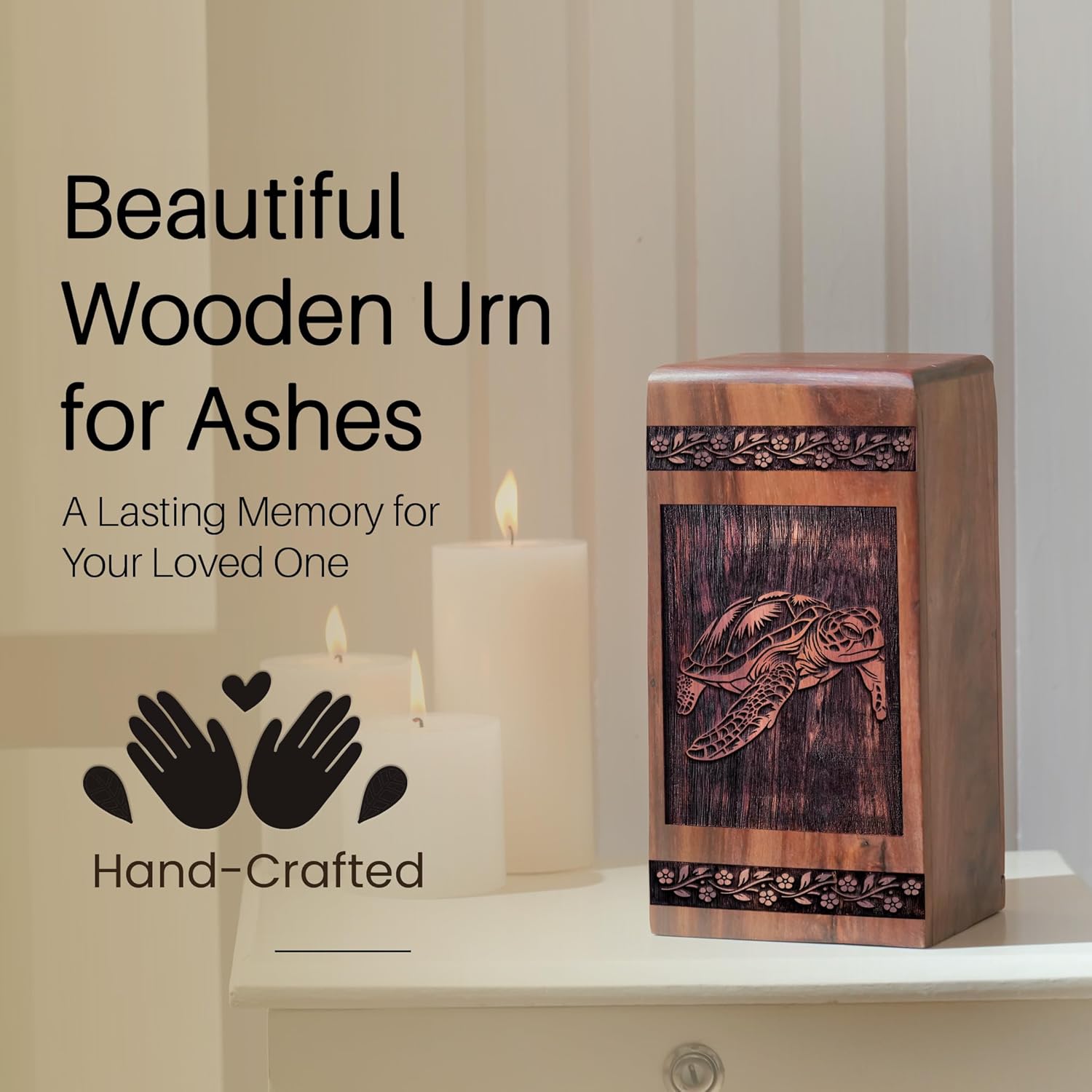 Turtle Wooden Urn for Adult Human Ashes - 14 Inch