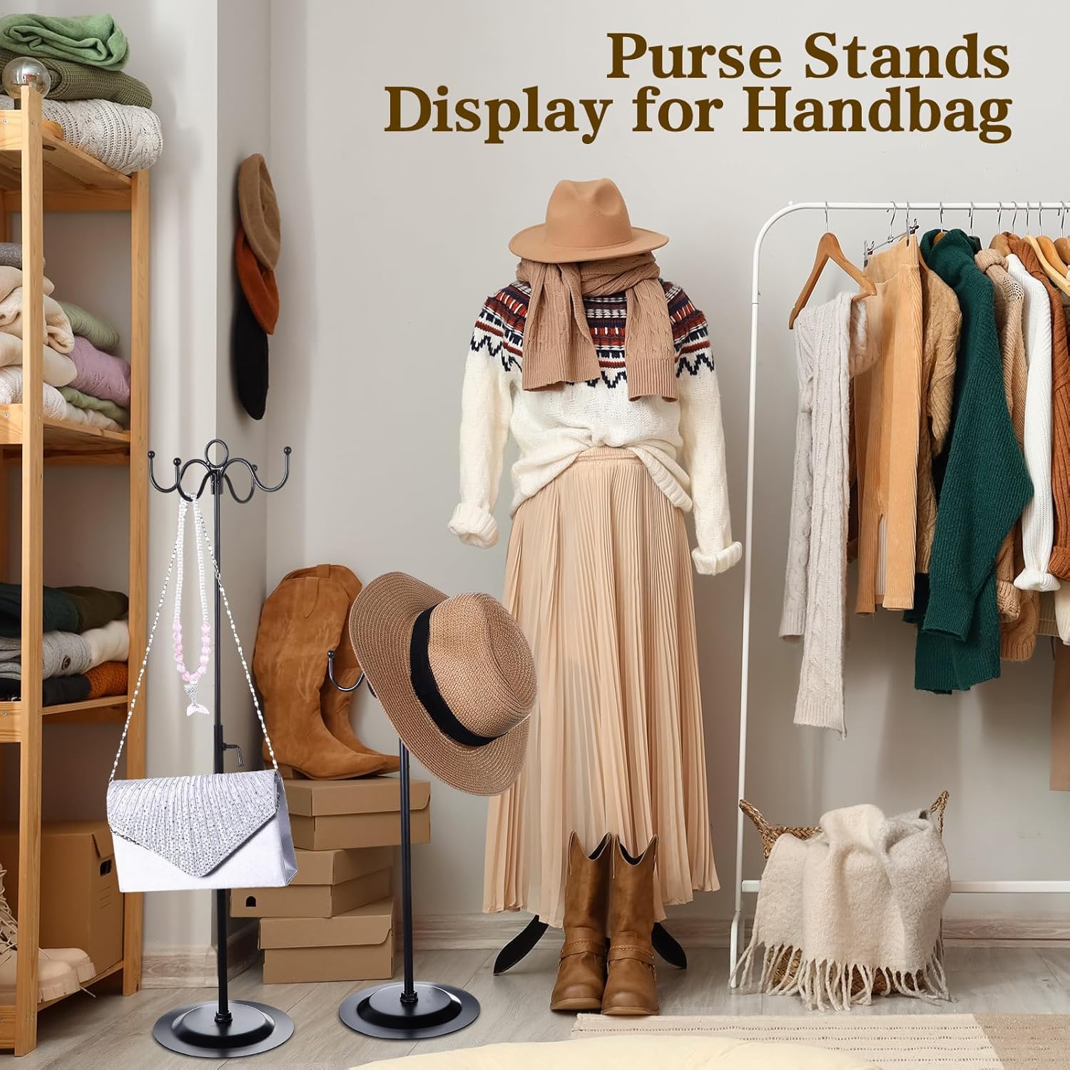 4 Pcs Metal Adjustable Height Purse Display Stand with 4 Hooks Black