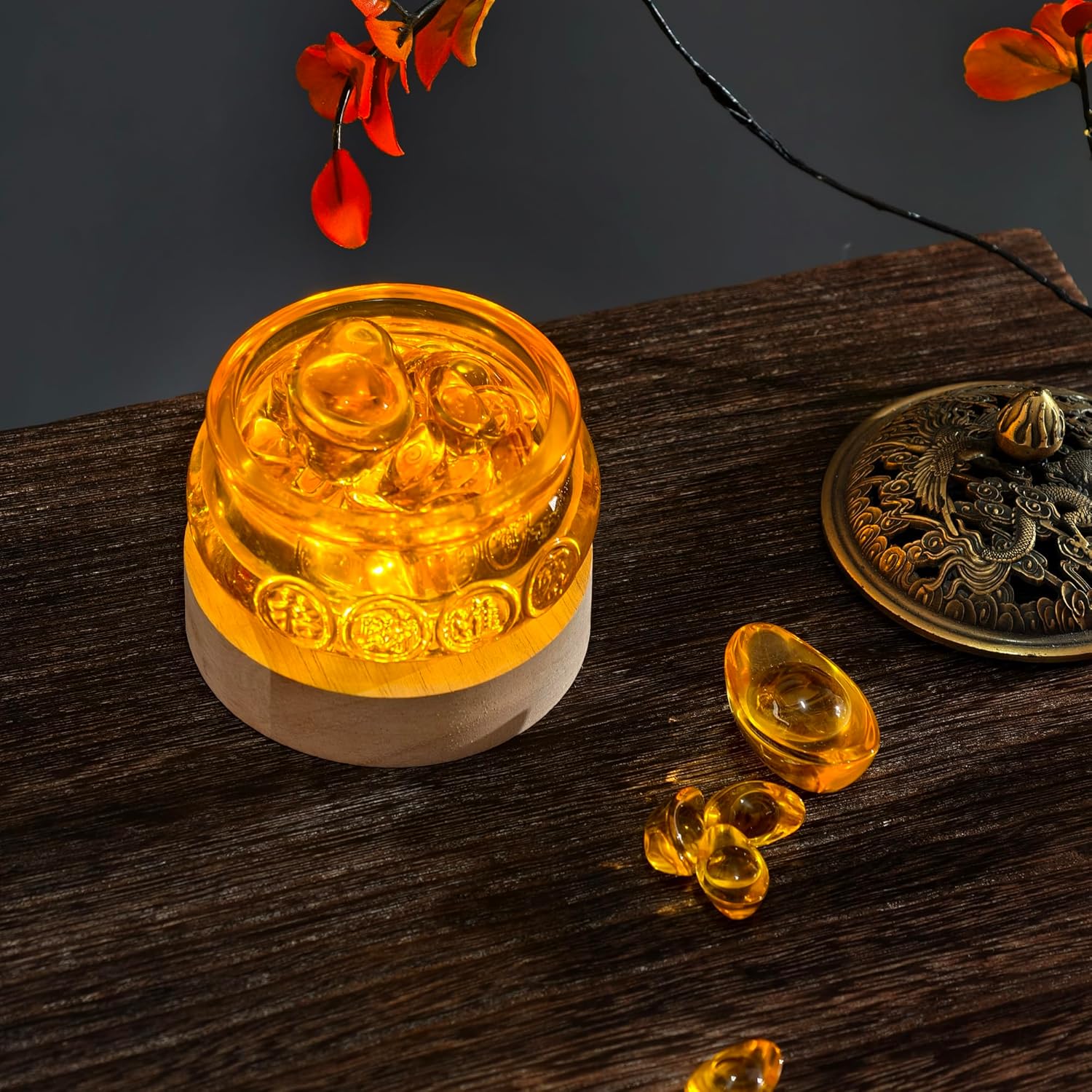 Golden Treasure Crystal Glass Bowl with LED Base and 321 Ingot Decor