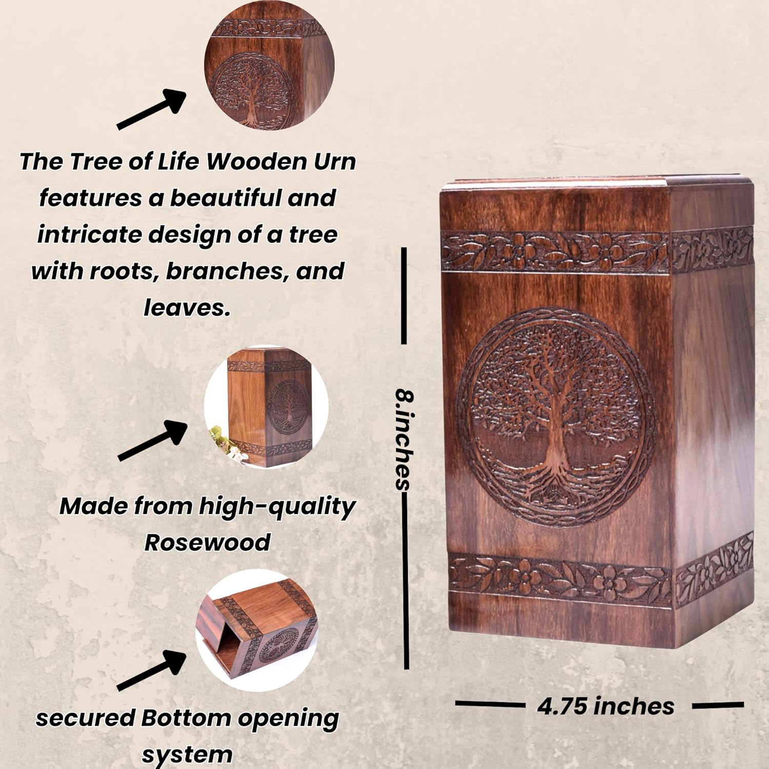 Tamanna Rosewood Urn For Human Ashes - Tree Of Life Wooden Box - Personalized Cremation Urn