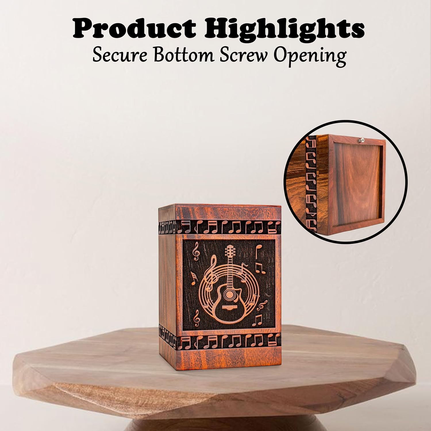 Wooden Guitar Ash Urn - Cremation Keepsake Box Teak Material Elegant Design
