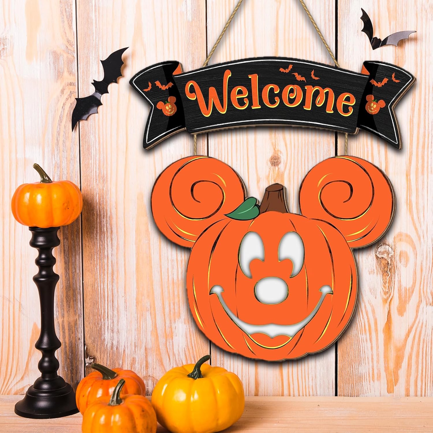 Halloween Mouse Pumpkin Lantern Door Sign with Light