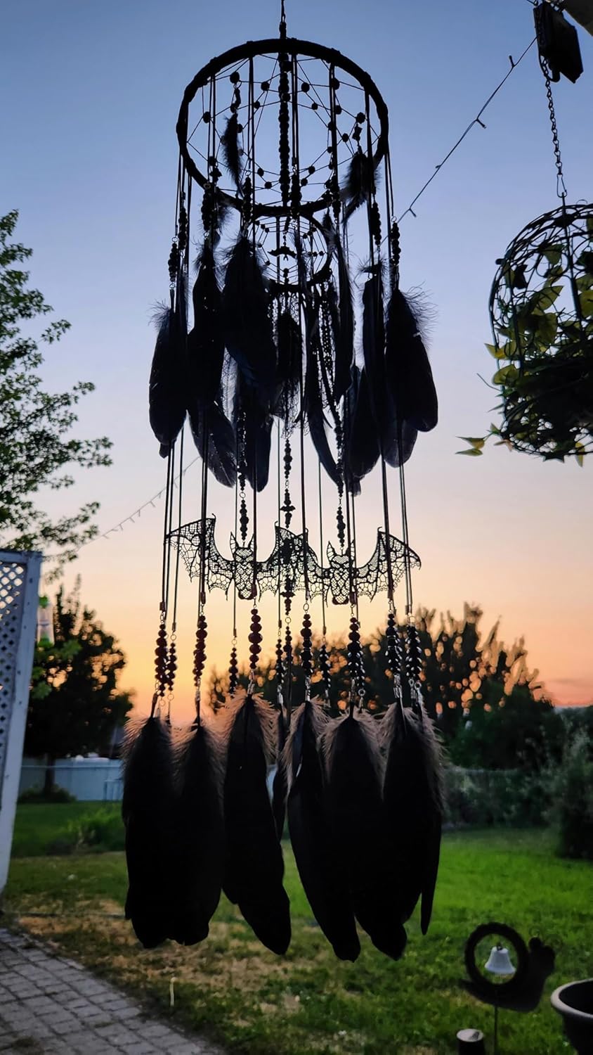 Gothic Black Dreamcatcher Mobile with Crystals and Bats