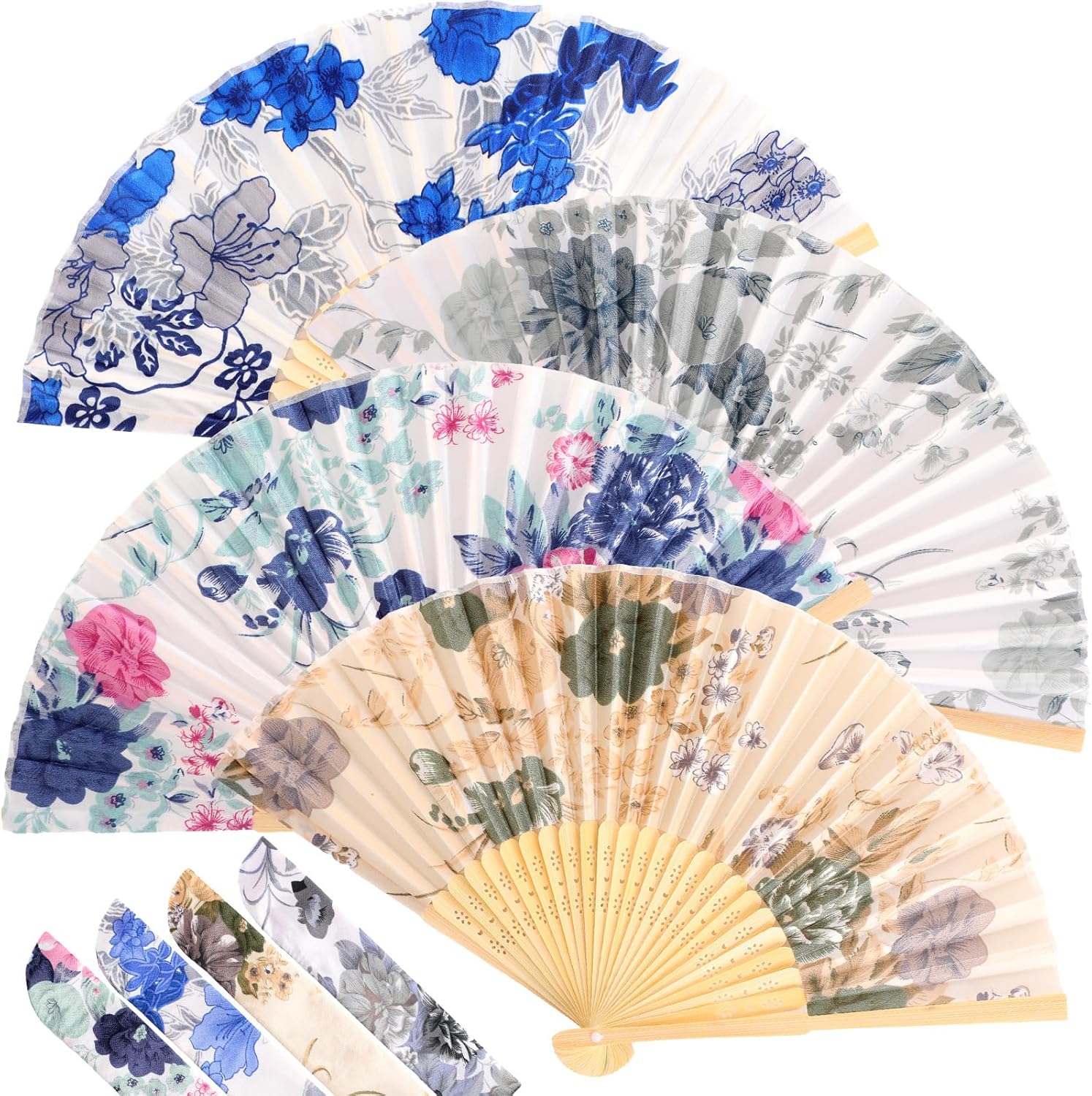 Zonon 4 Pack Handheld Silk Bamboo Folding Fans with Tassel