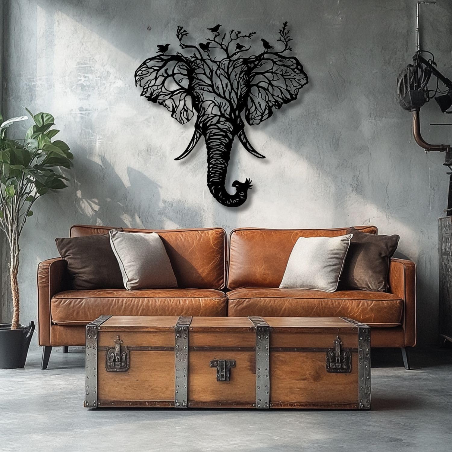 Flewfar Elephant Head Metal Wall Art Birds And Tree Hanging Decoration White 19x19 Inch Unframed