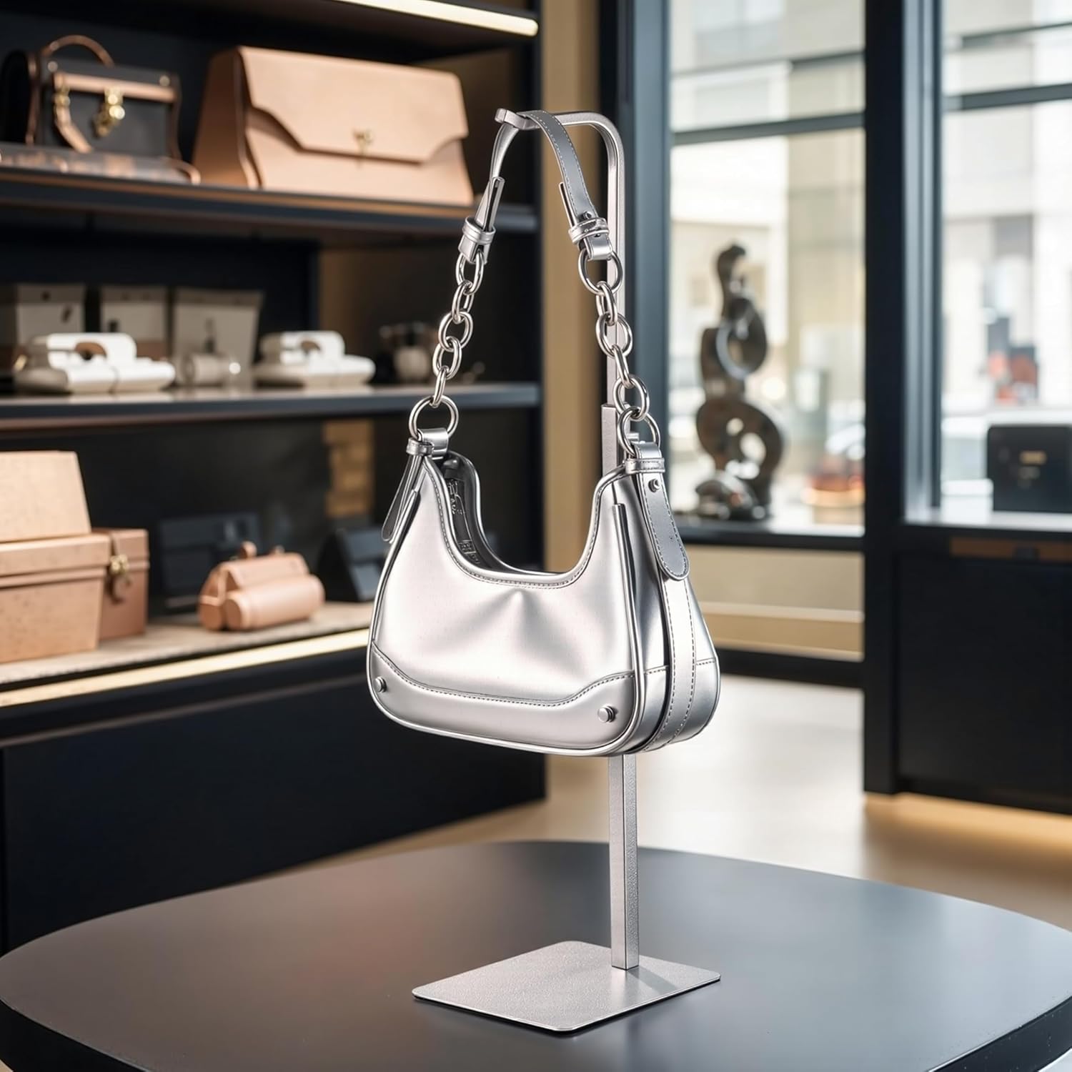Purse Holder Handbag Display Stand with Silver Hanger