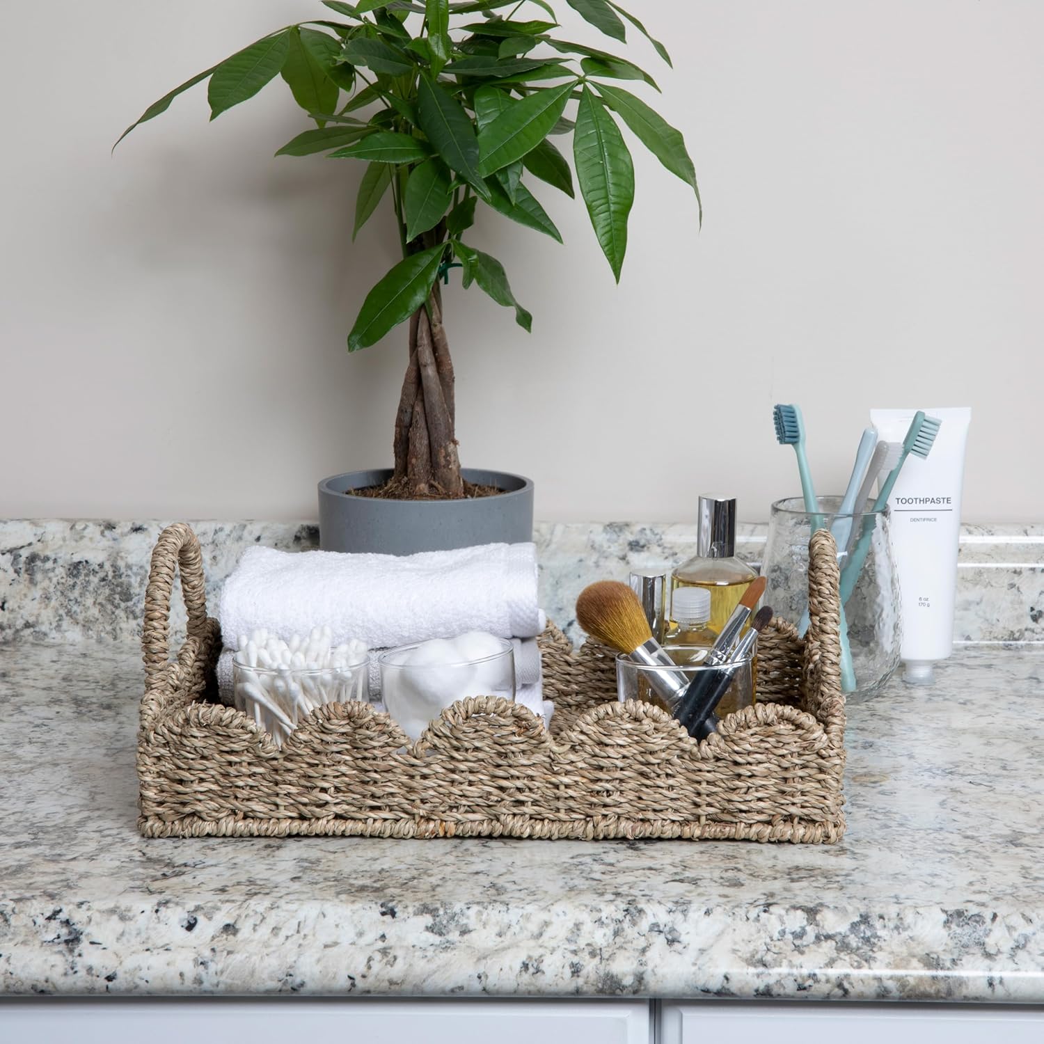 Household Essentials Handwoven Tray with Handles and Scalloped Edge