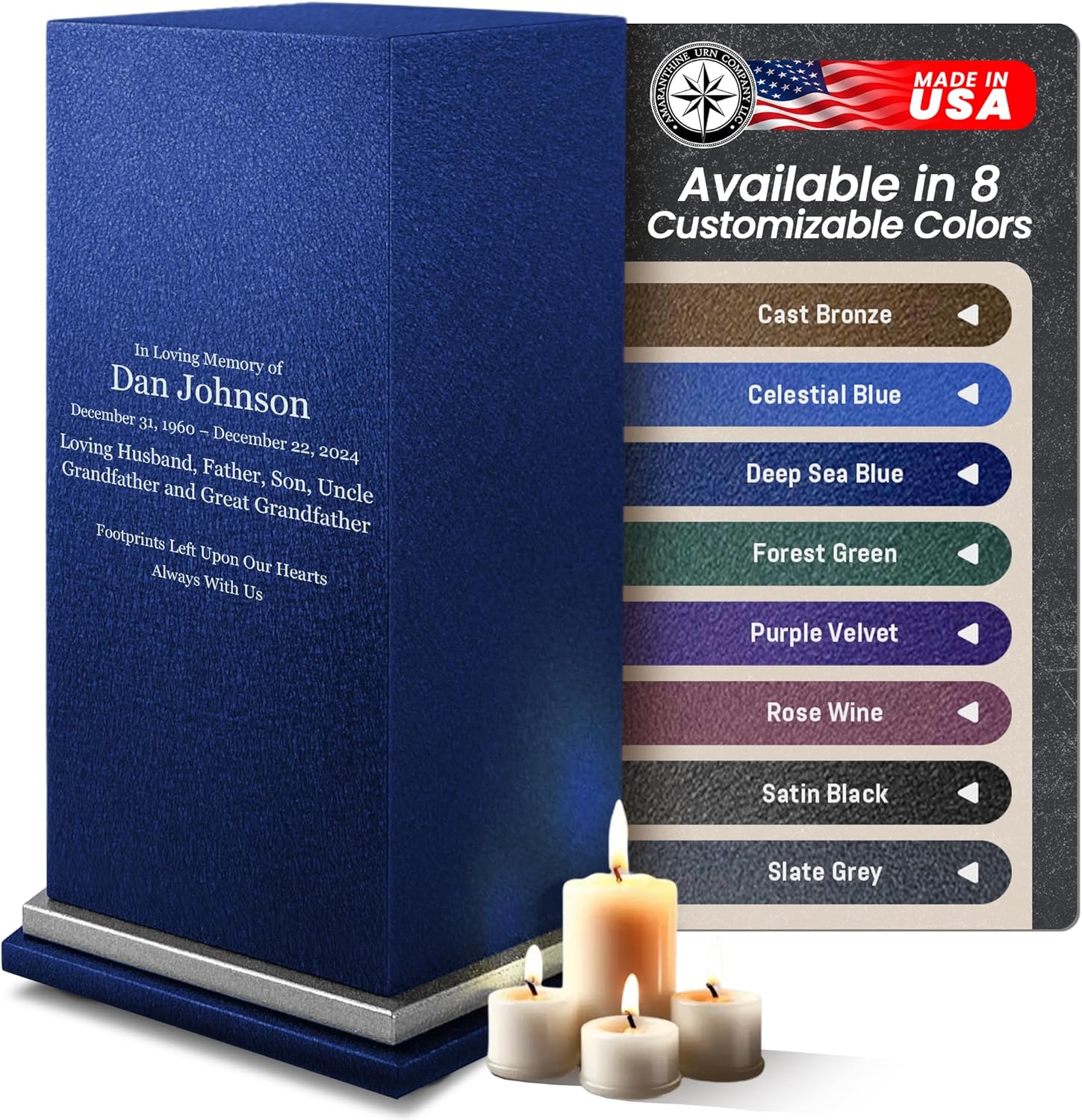 Amaranthine Urn Decorative Cremation Urn for Human Ashes - Customizable Metal Urn with Base Text and Color Made in USA