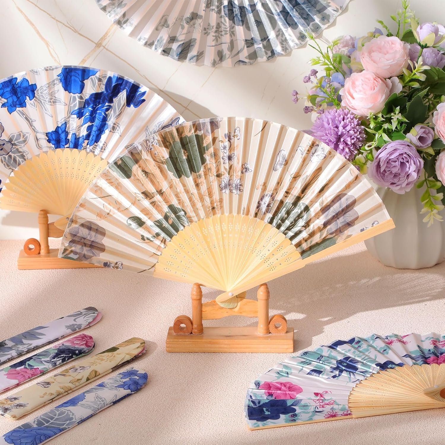 Zonon 4 Pack Handheld Silk Bamboo Folding Fans with Tassel