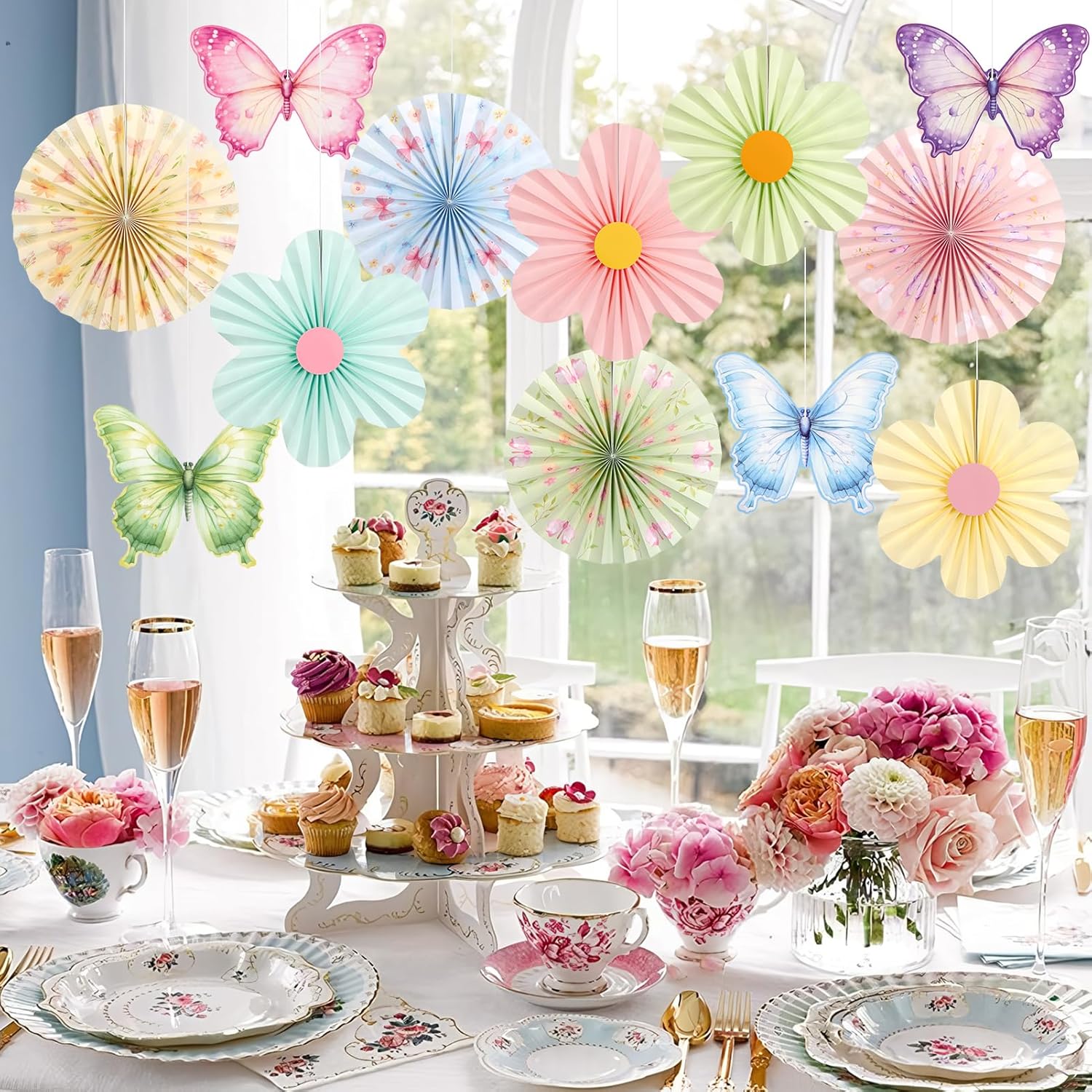 PATTEPOINT Pastel Butterfly Garden Paper Fan Decor Set