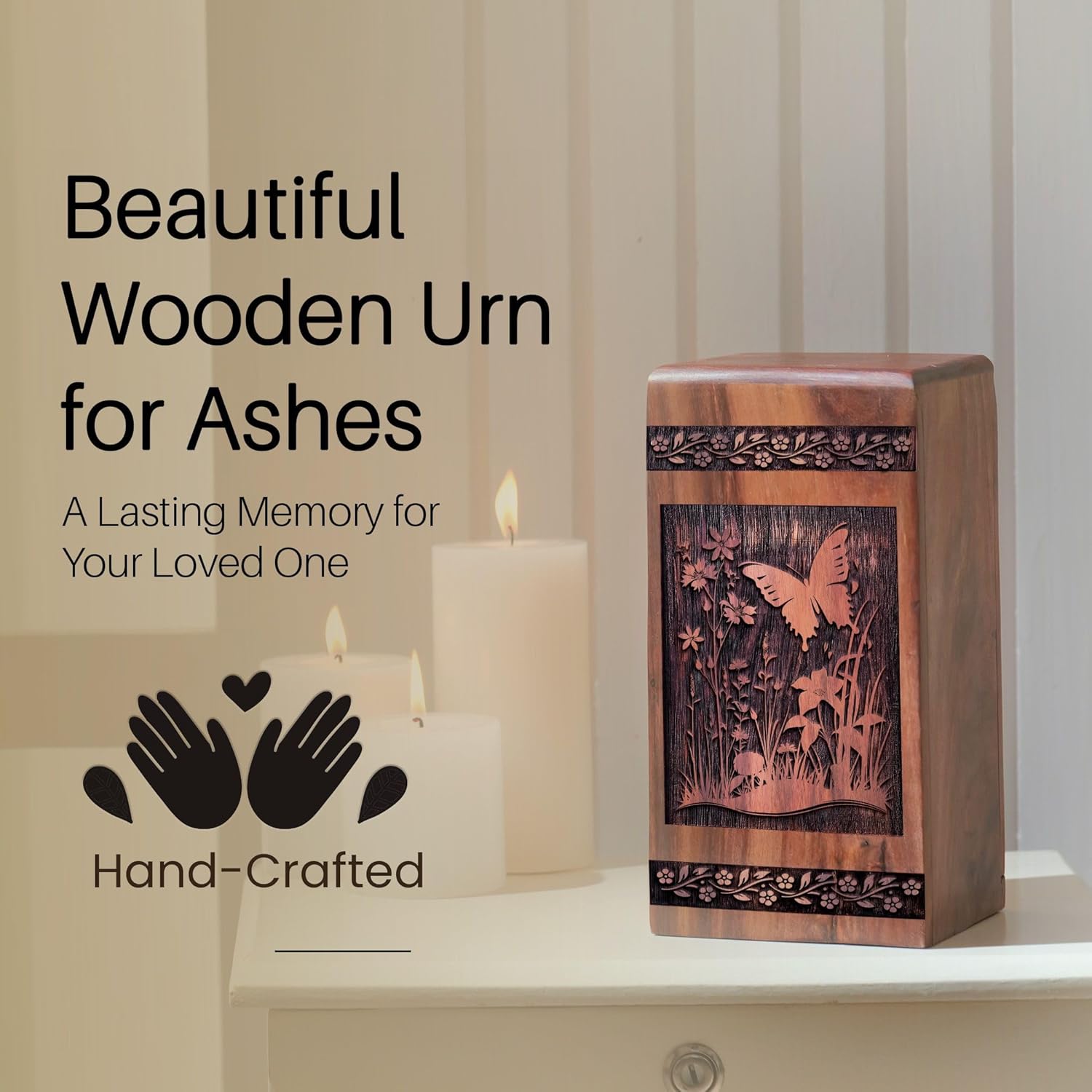 Butterfly Wooden Urn for Adult Ashes - 10 Inch