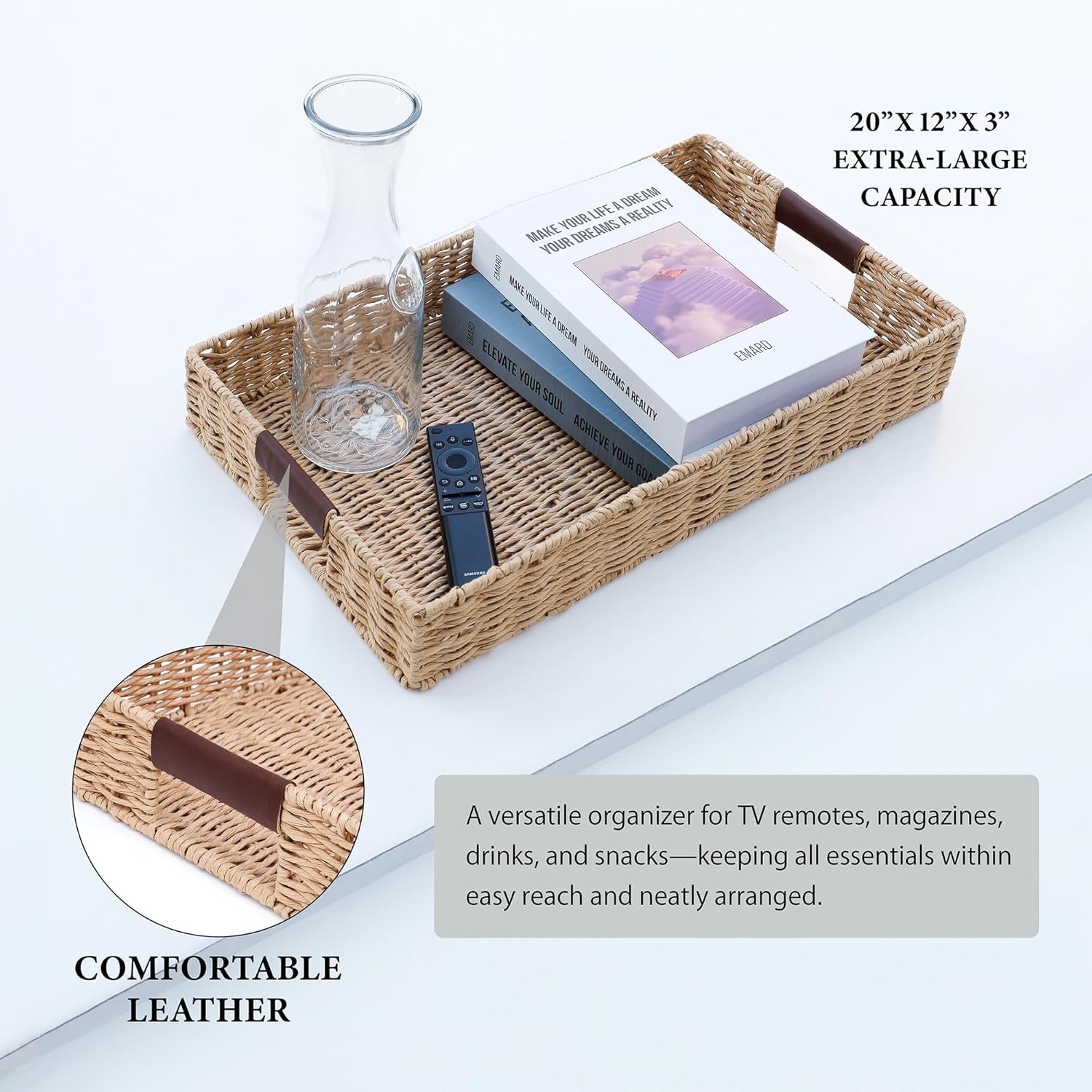 Summit Living Handwoven Rattan Tray 20x12 Decorative Accessory