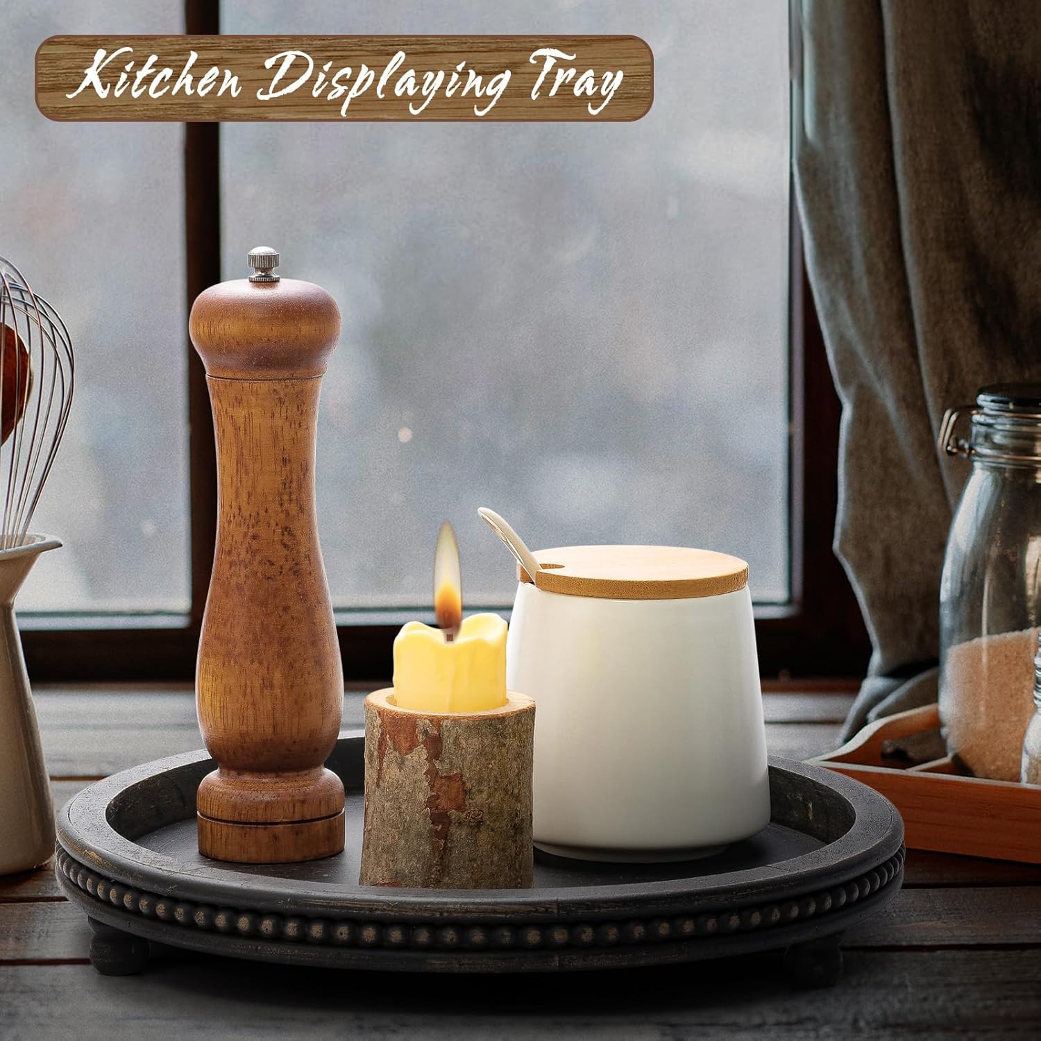 KULEDM Black Round Wooden Tray Decor for Coffee Table