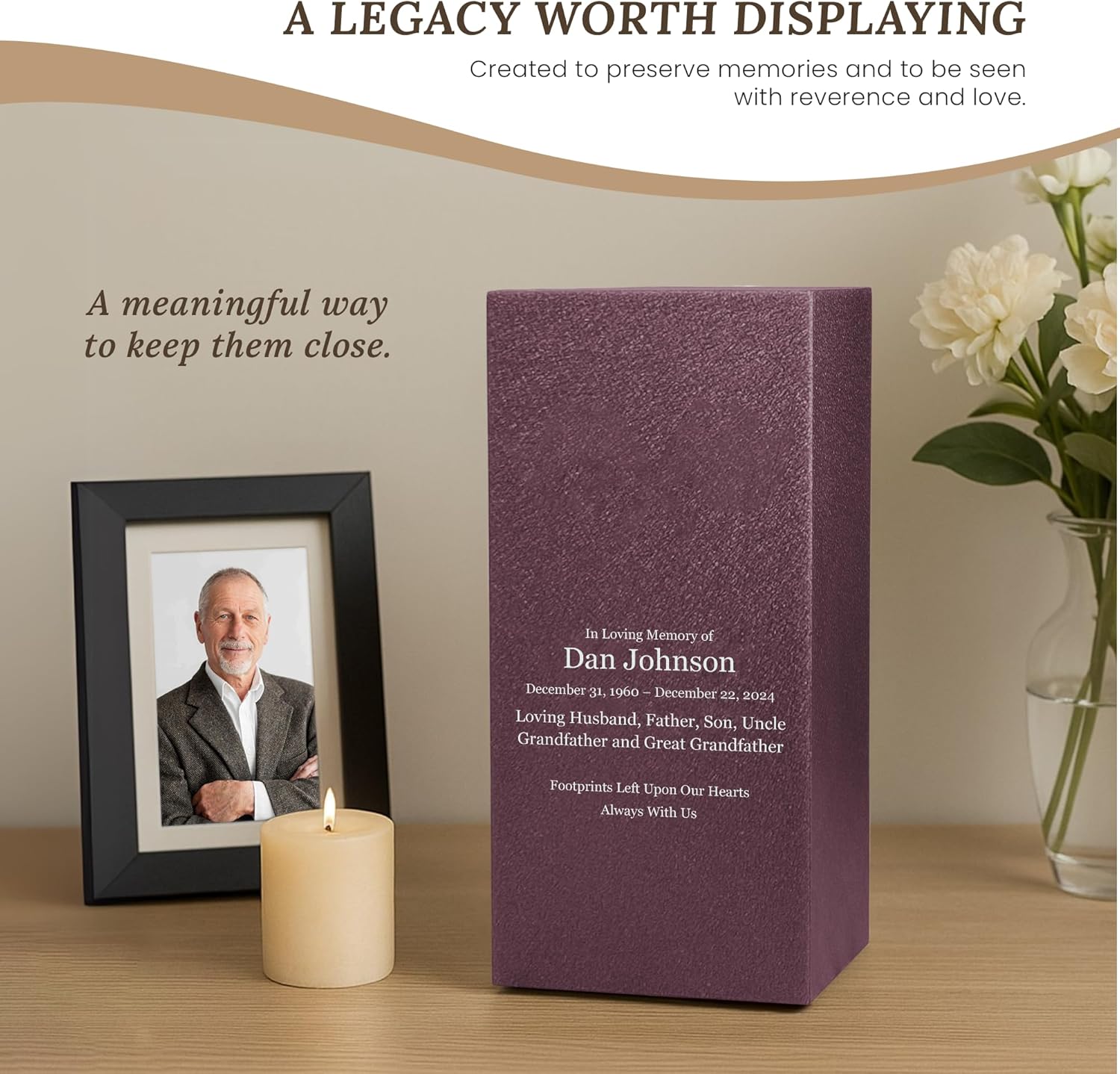 Amaranthine Urn Decorative Cremation Urn for Human Ashes - Customizable Metal Urn with Base Text and Color Made in USA