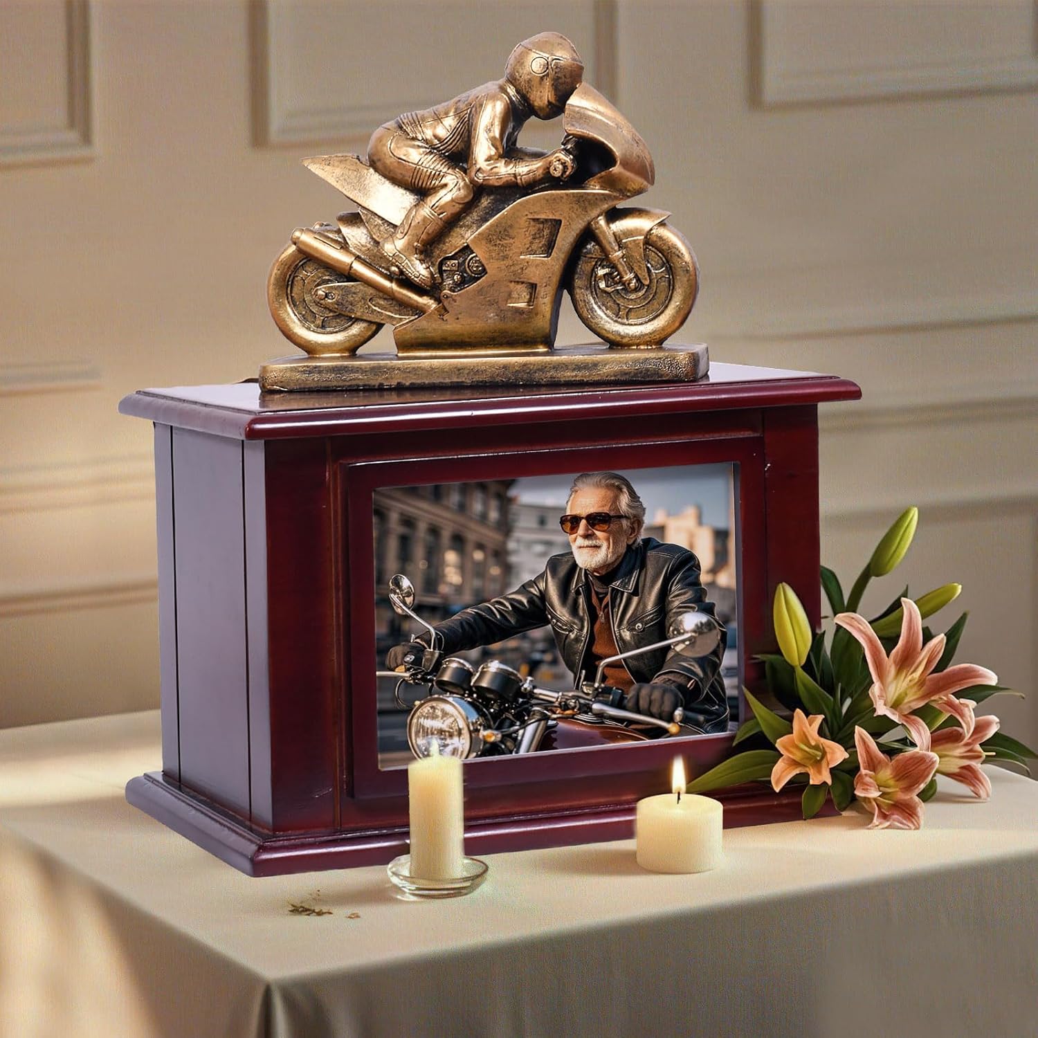Wooden Motorcycle Urn for Ashes 290 Lbs Capacity