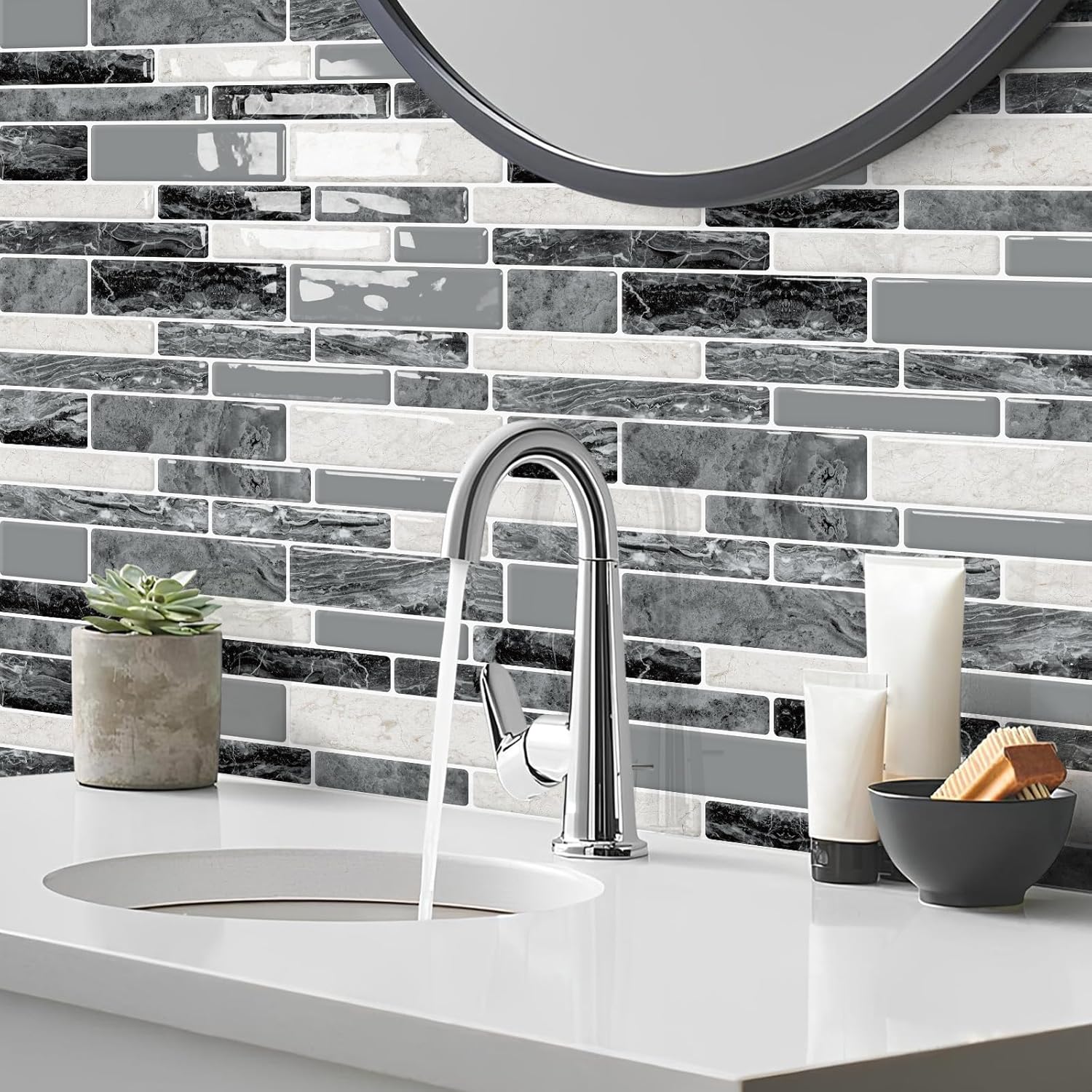 DEWOO 3D Self Adhesive Wall Tiles Marble Gray 10-Sheet 12x12