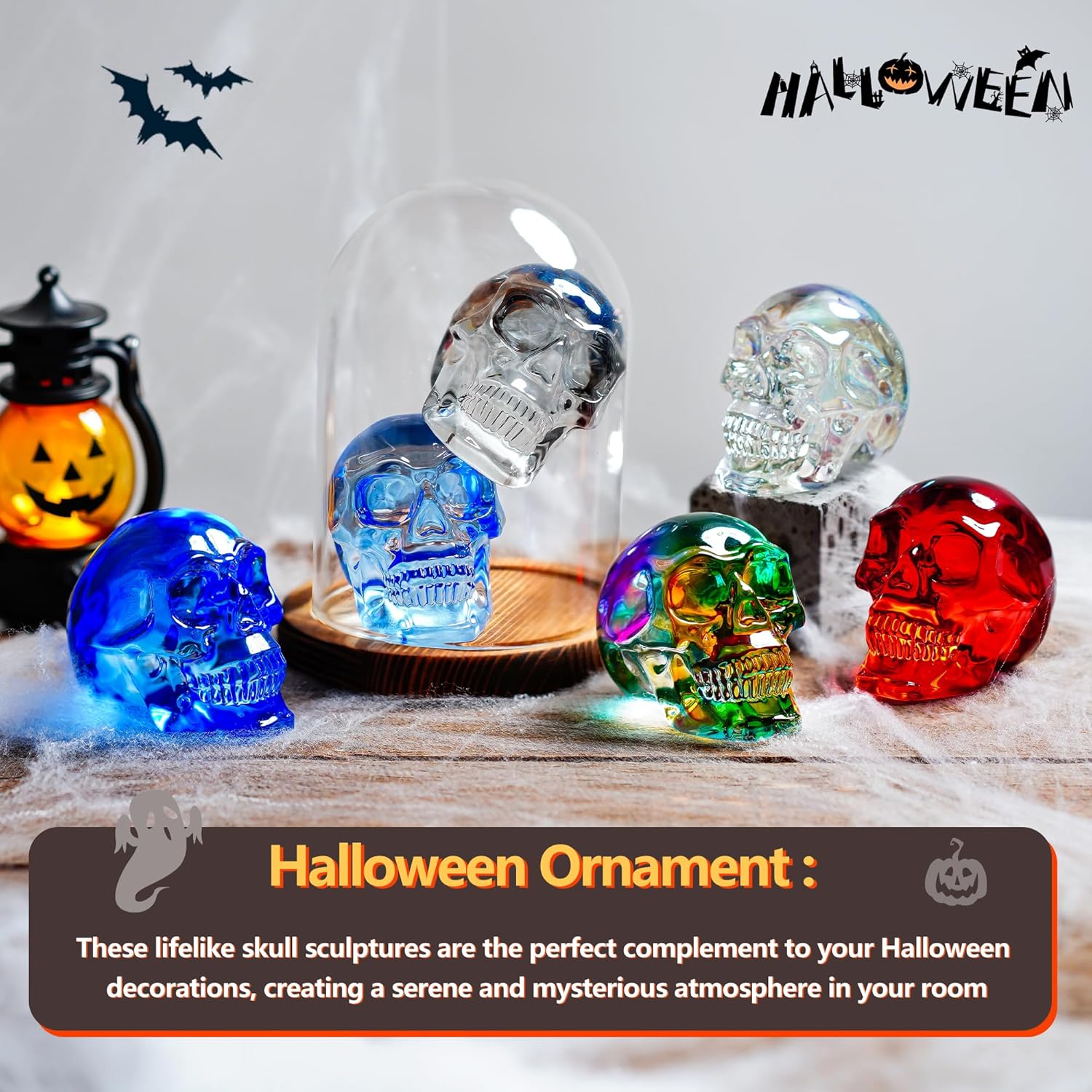 Crystal Skull Head Statues 3 Inch Multicolor Halloween Decor