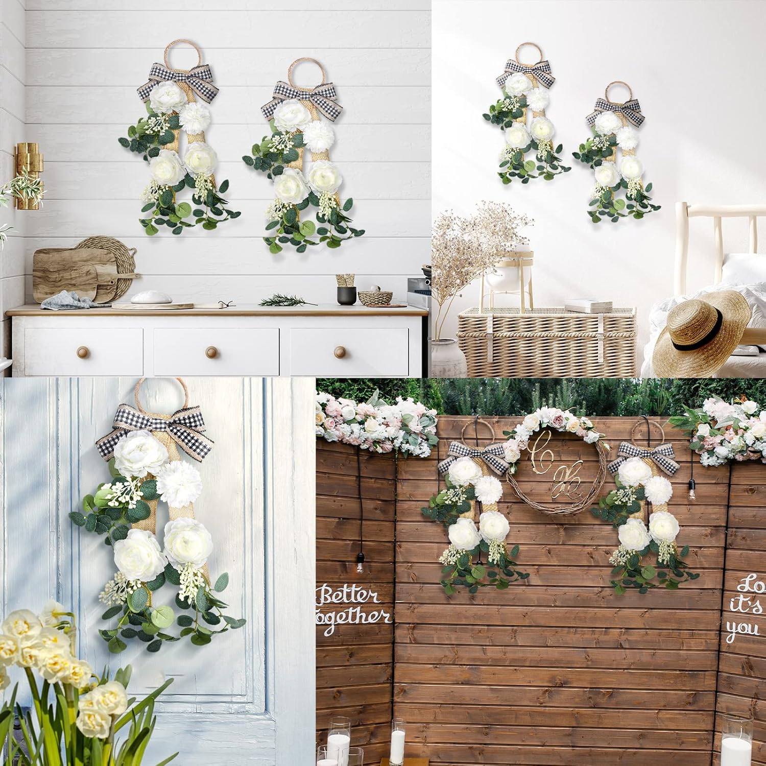 2 Pcs Farmhouse Green Eucalyptus Wreath Artificial Swag for Front Door Accent Decor