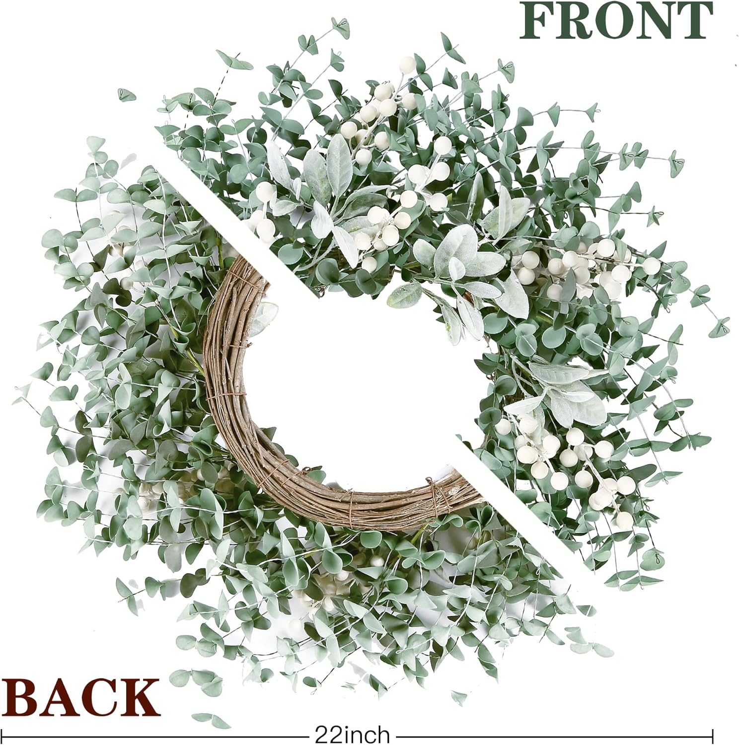 Sggvecsy Artificial Greenery Wreath with White Berries - 22 Inch Flocked Lambs Ear Wall Decor