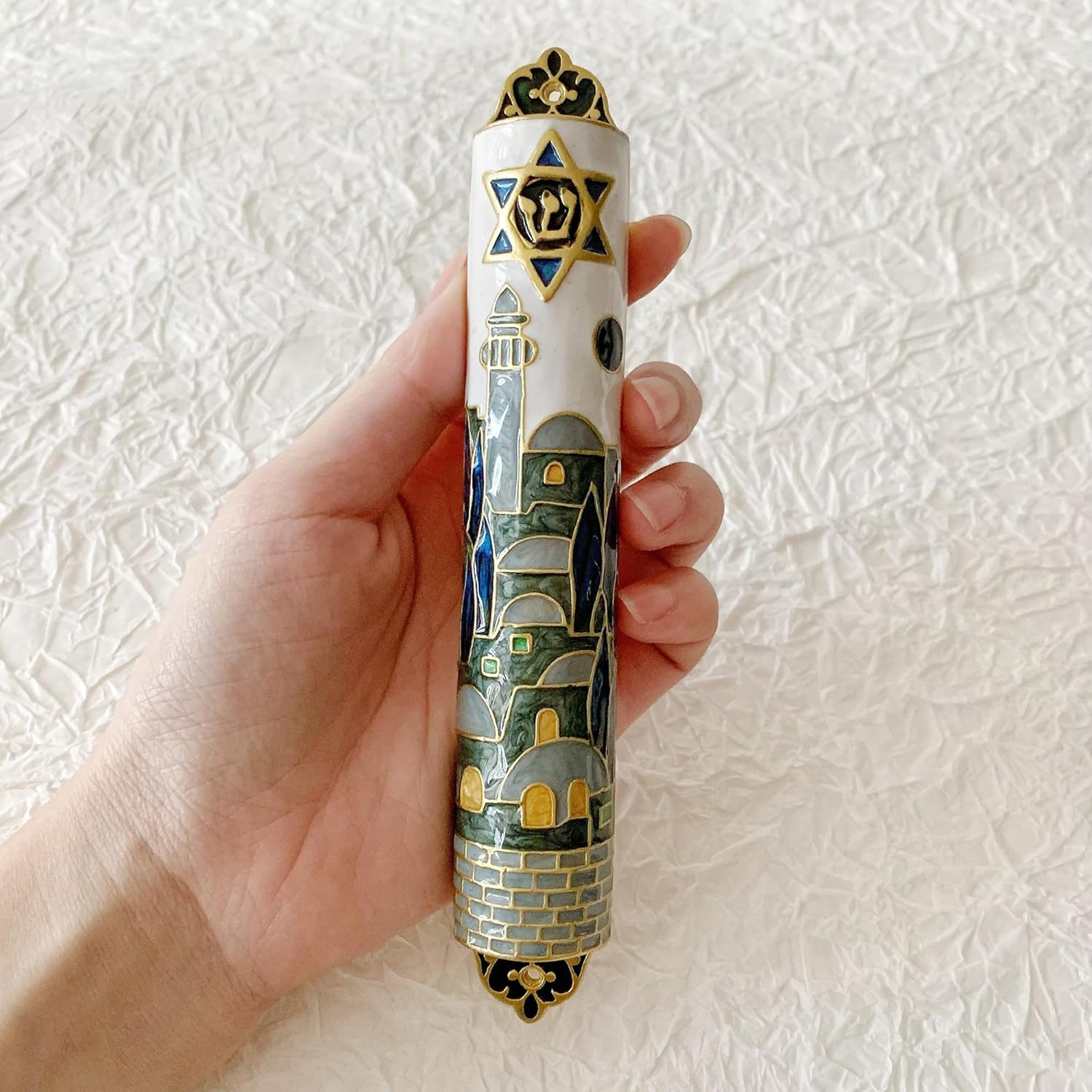 Hand Painted Mezuzah with Star of David and Jerusalem Motifs