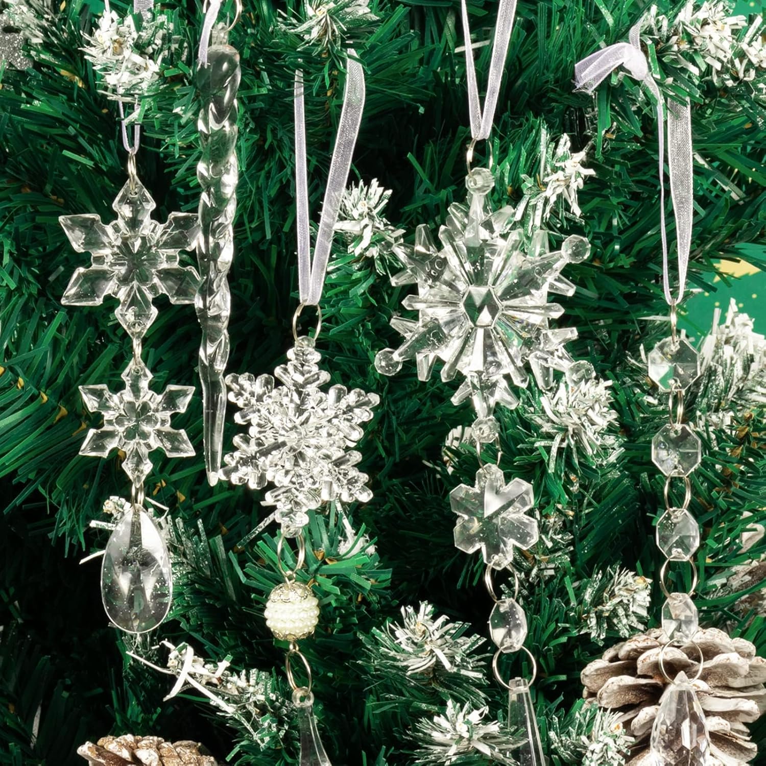 18pcs Crystal Christmas Tree Decorations with Snowflakes and Icicles