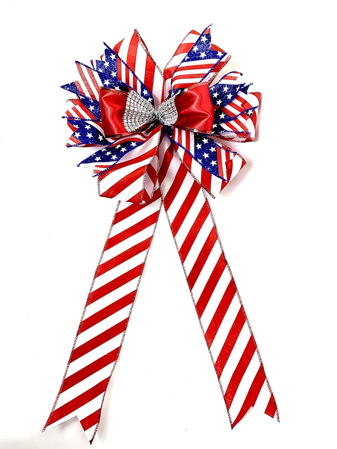 Patriotic Christmas Wreath Bow Red White Blue Door Welcome Bow Stars and Stripes Decor