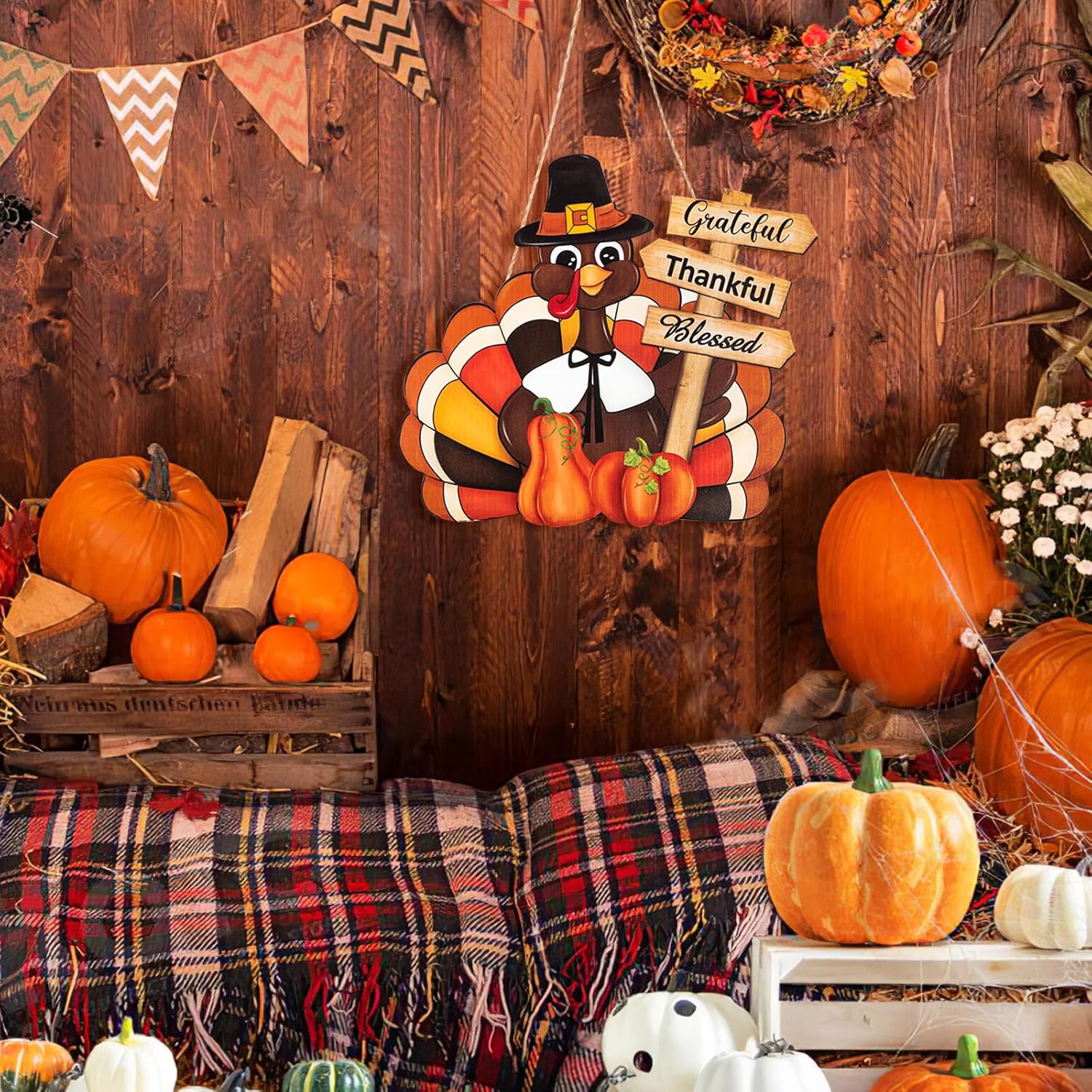 Thanksgiving Wooden Turkey Door Wreath Sign