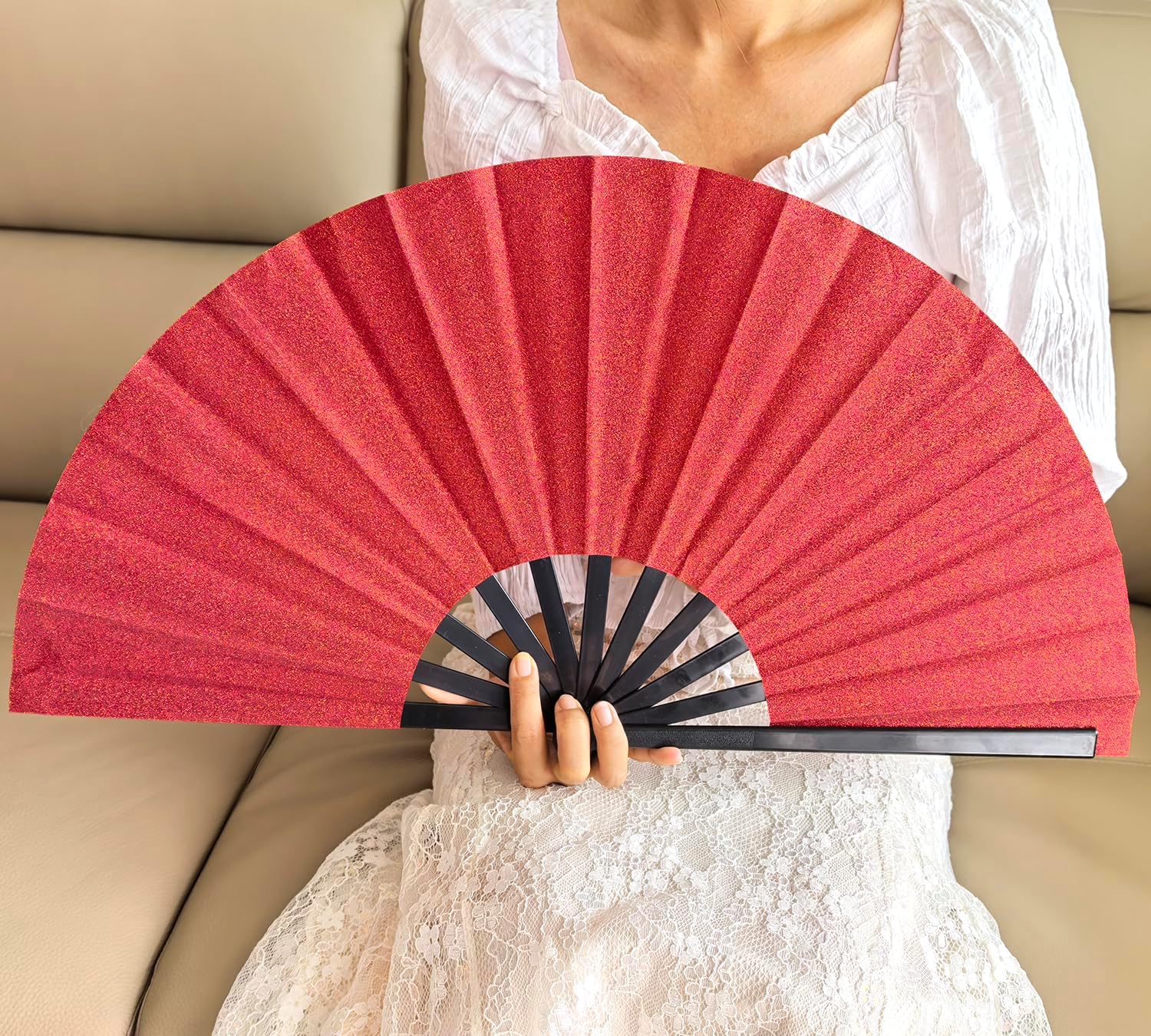 Large Folding Fan with Glitter 13 Inch Heavy Duty Plastic Fan
