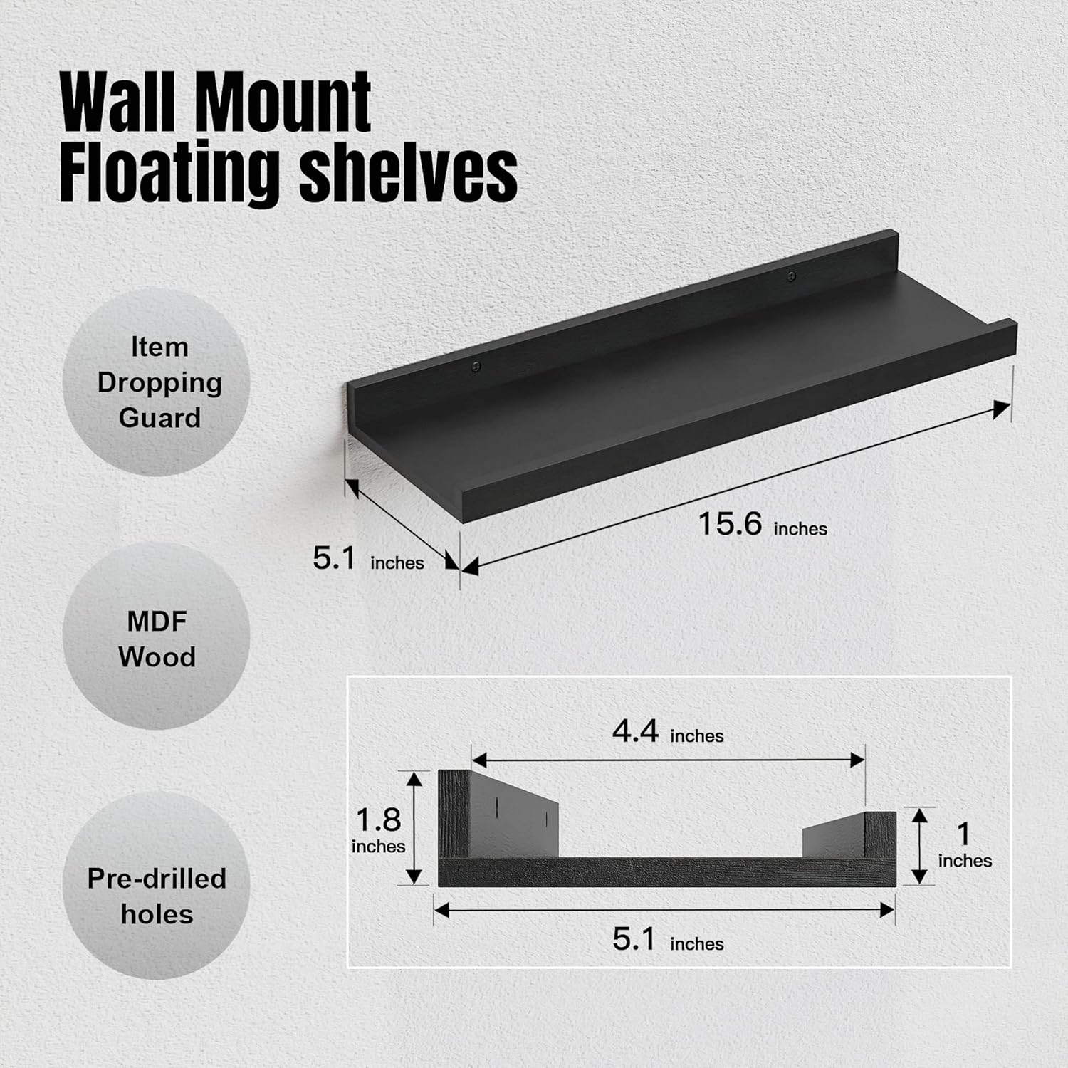 RICHER HOUSE 5 Piece Floating Wall Shelves Black