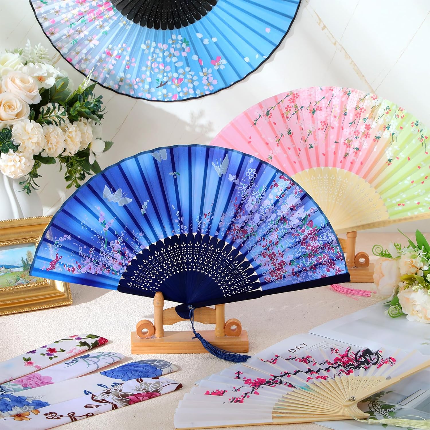 Zonon 4 Pack Handheld Folding Fans with Tassel