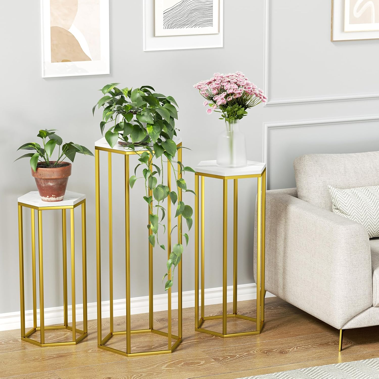 Urban Deco 3PCS Gold Metal Hexagon Pedestal Stand