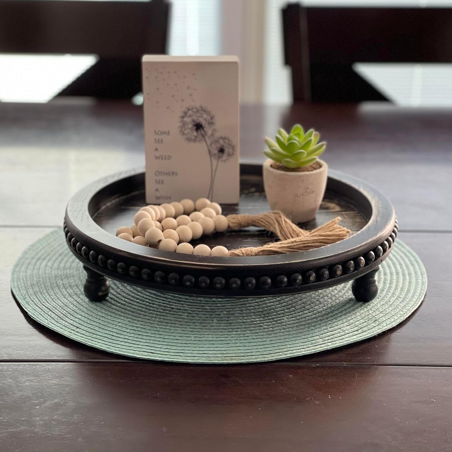 Wooden Tray for Home Decor Black Round Beaded