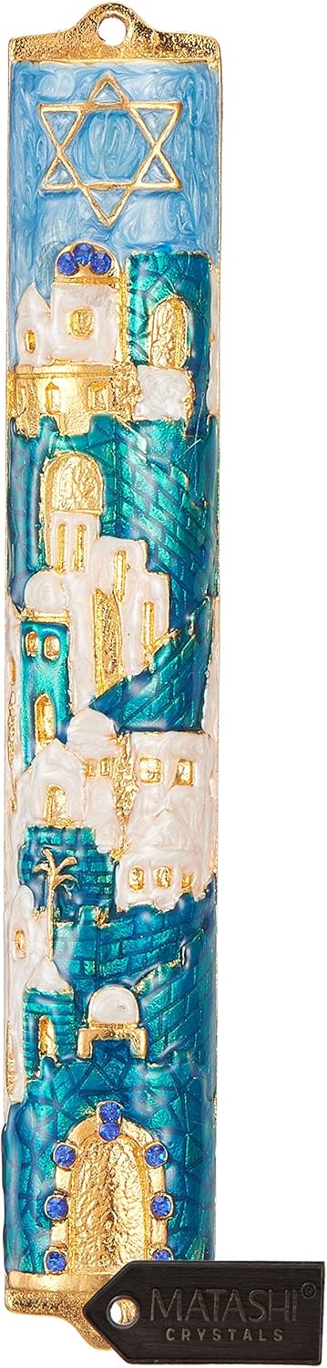 Matashi Jerusalem Cityscape Mezuzah with Gold Accents and Star of David Crystals