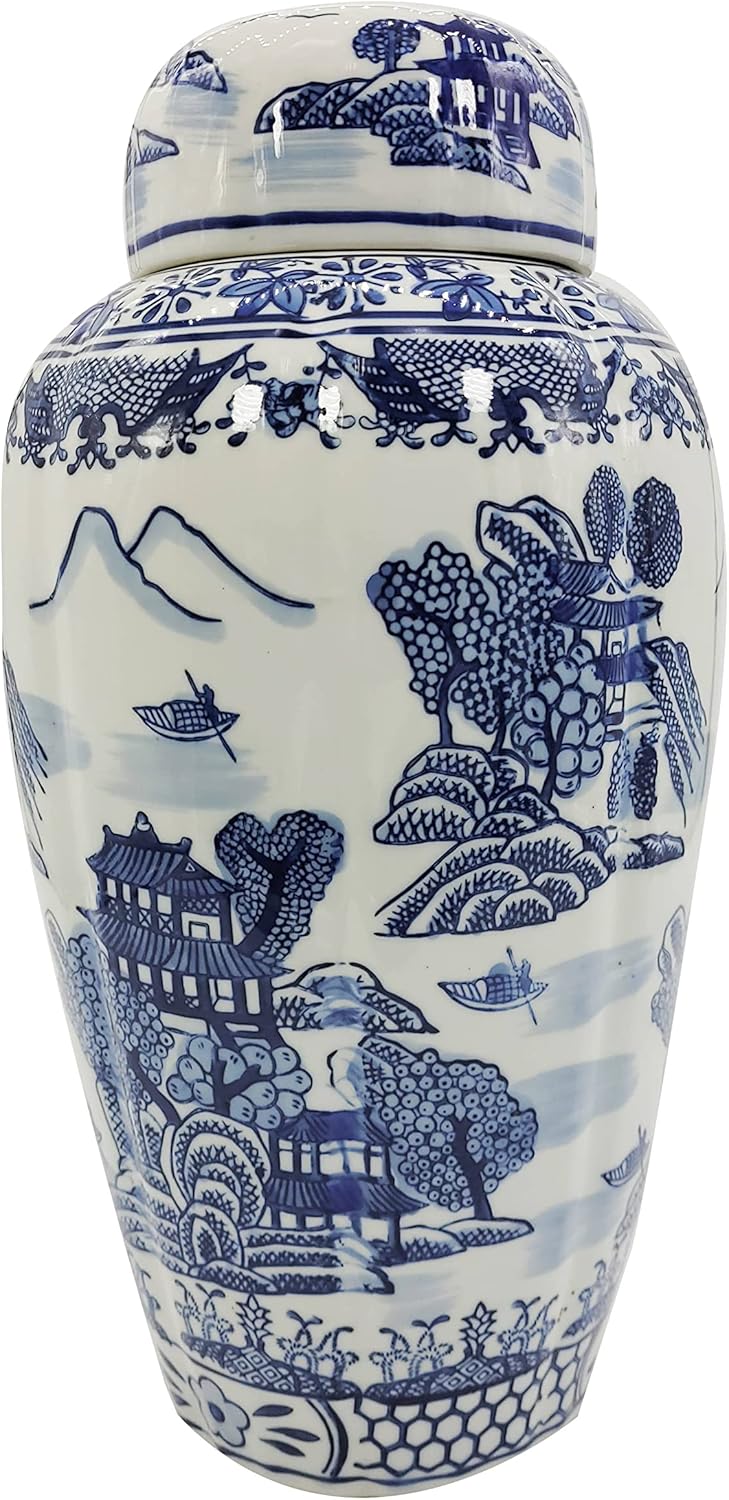 Galt International 16 Inch Blue and White Ceramic Ginger Jar
