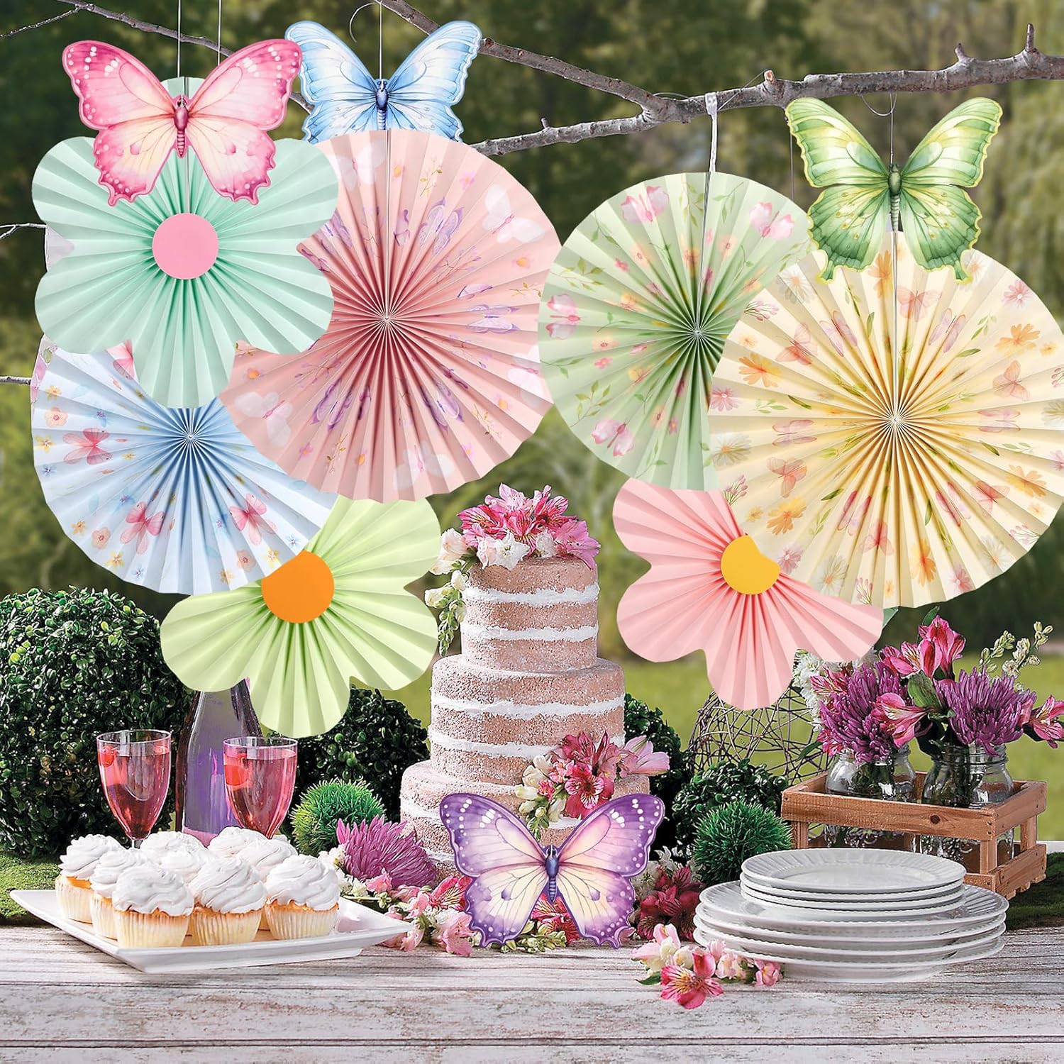 PATTEPOINT Pastel Butterfly Garden Paper Fan Decor Set