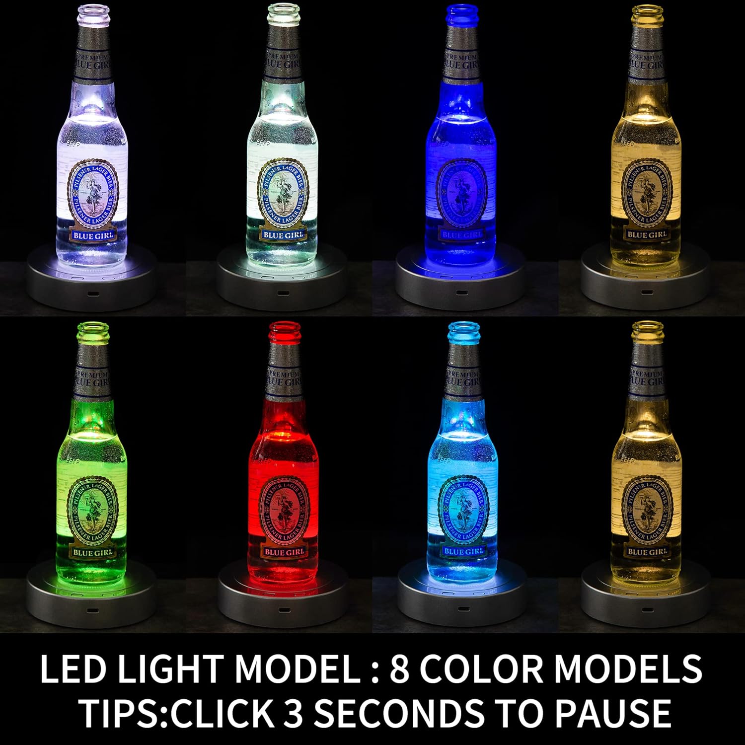 Rotating Display Stand with Colorful LED Lights - 4 Modes 8 Light Options - Electric Battery Operated - Silver