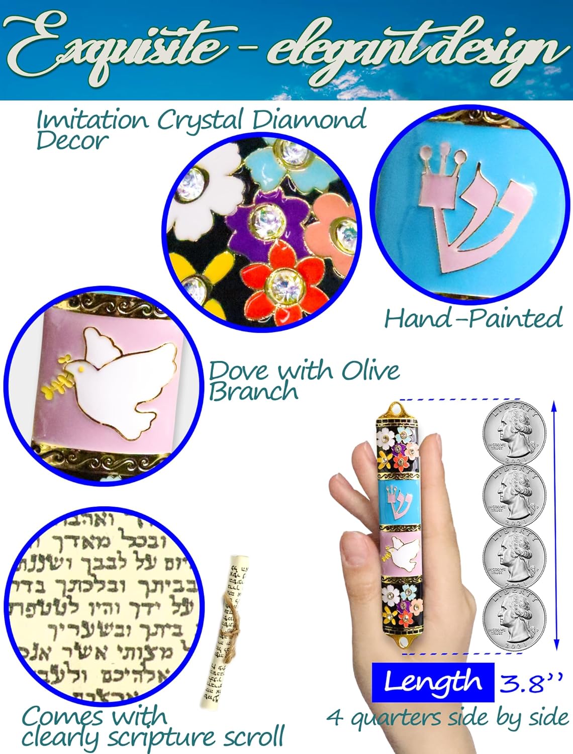 Exquisite Enamel Mezuzah with Scroll and Dove Design