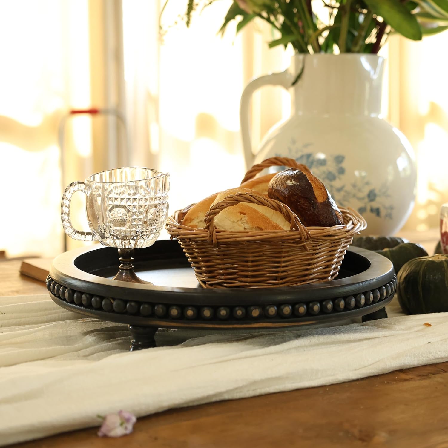Wooden Tray for Home Decor Black Round Beaded