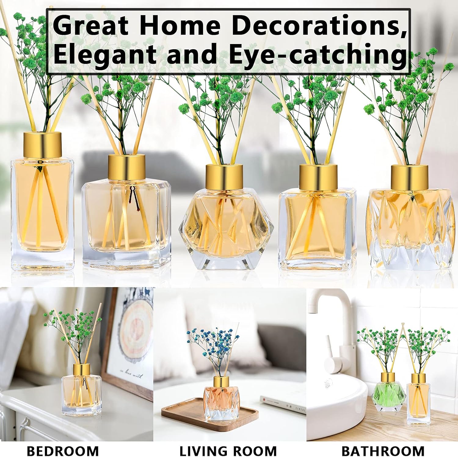 Supwinnet 5-Piece Clear Glass Diffuser Set with Gold Caps