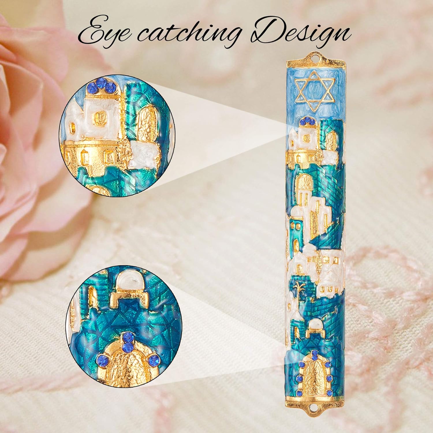 Matashi Jerusalem Cityscape Mezuzah with Gold Accents and Star of David Crystals