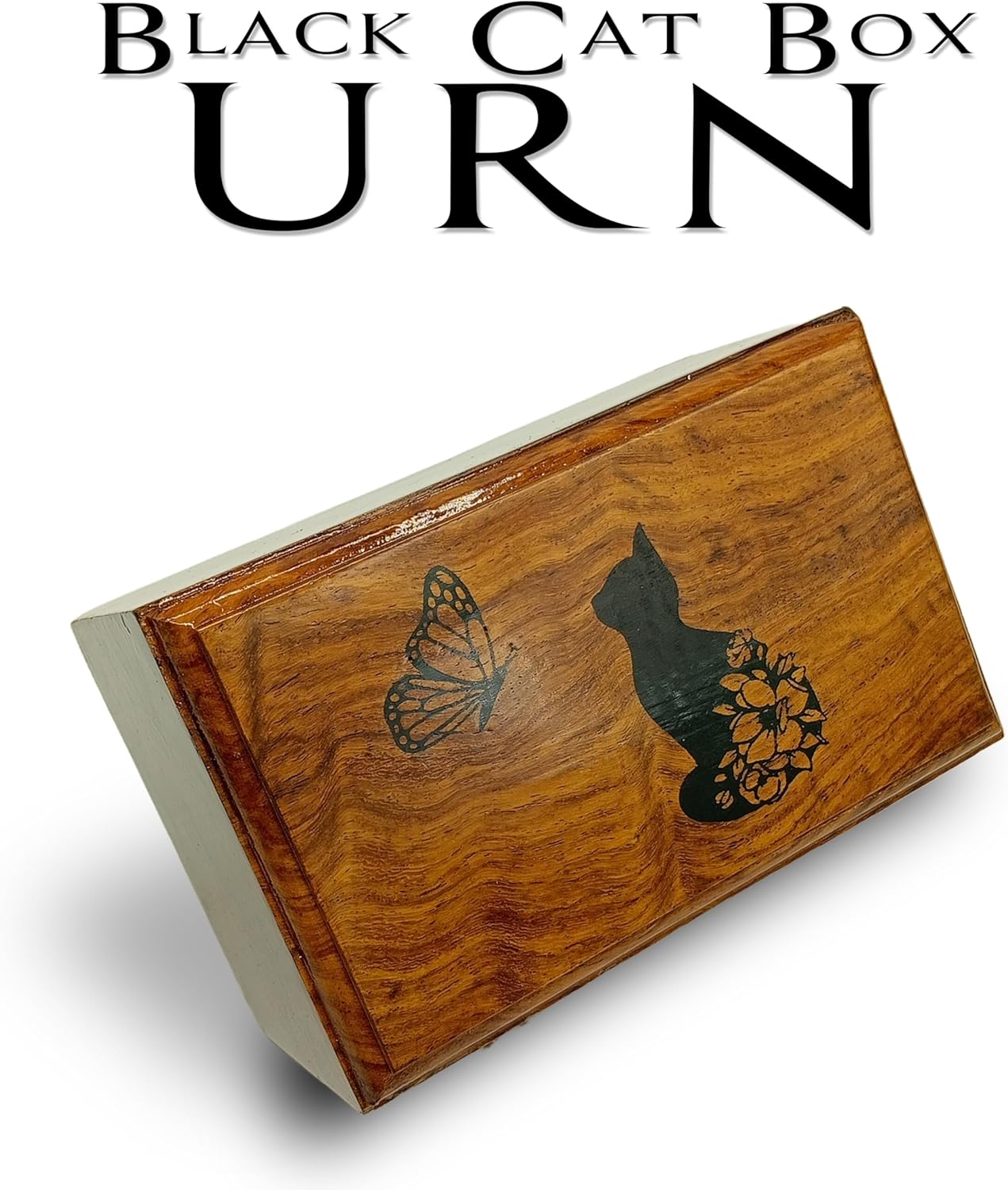Rosewood Pet Urn with Black Cat in Heaven Design